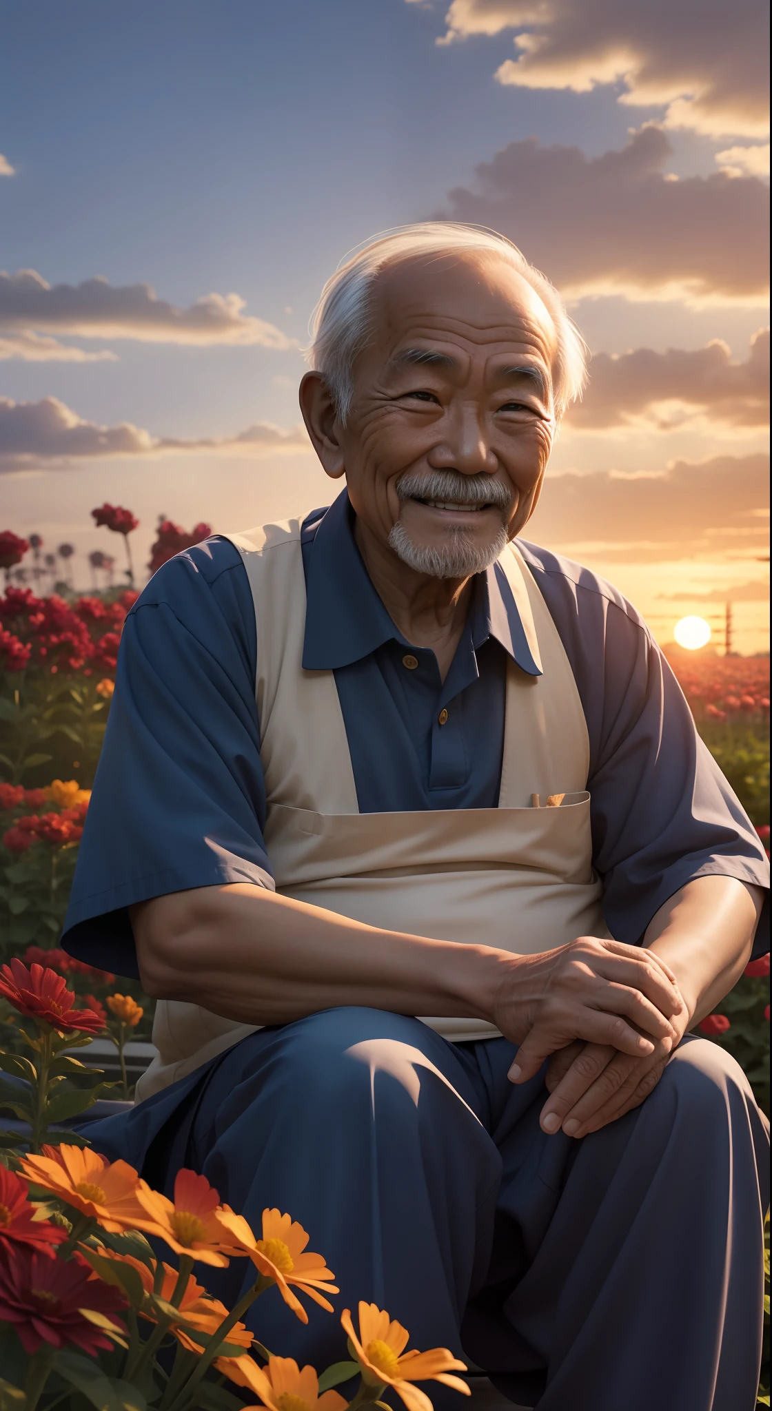 Asian old man, fine detailed face, smile, professional lighting , sitting in the middle of the flower garden, the sunset sky, best quality, ultra HD,
