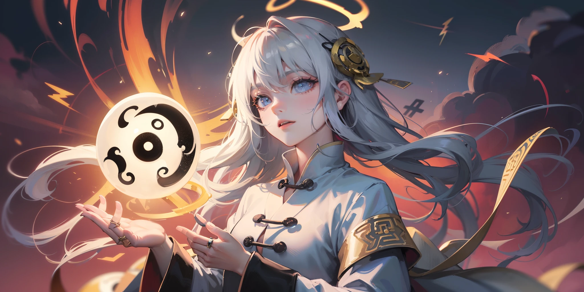 a girl,solo,cowboy shot,wearing splash oil Traditional Chinese Taoist Robe,lightning glowing pupils eyes,highly detail Taoist Headwear and Jewelry,(Insert hands into Long sleeved,Thunderstorm clouds,lightning,Aerial view,Concept art,sky:1.2),magic circle(magic rune+lightning+Eight Trigrams magic ring+Tai Chi ball+Five Elements+yin-yang:1.35)as background behind the girl,magic Saturn Ring halo,