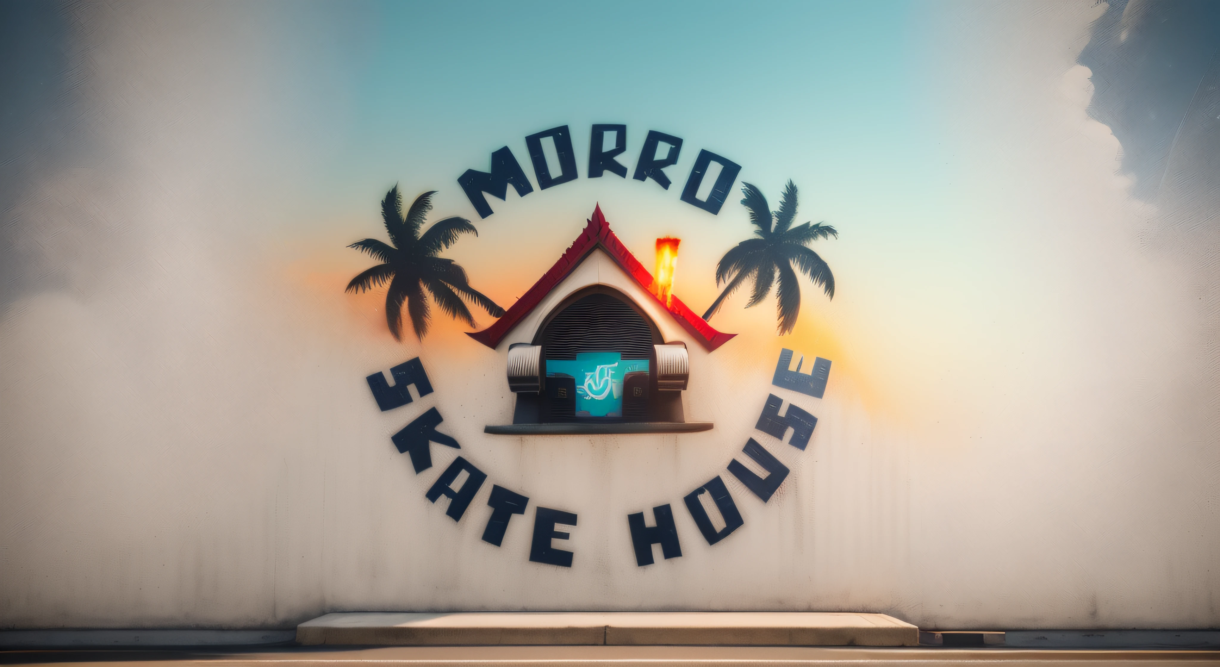 a closeup of a logotype with a house and palm trees, etiqueta, dia deve, 【 sciart 💙💜 mson, 💋 💄 👠 👗, 🕹️ 😎 🚬, Logo, Logo, 🔥 😎 🕹️ 👀, Black and white logotype, Logotypetype illustrated, mal-humorado, argamassa, Simple logotype, logo arttype, ❤🔥🍄🌪, Modern logotypetype, background: pista de skate, in a skate park setting,  skate half, rampas, Handrails, escadarias, bown, skates, and graffiti in an urban setting