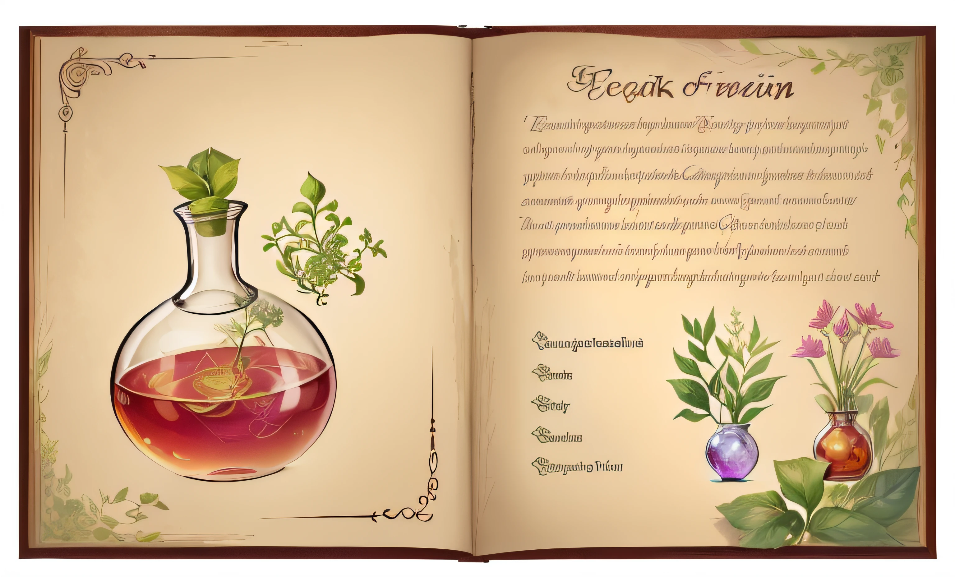There is a book with the image of a plant and a bottle, potion, potion of healing, grimoire page, making a potion, magical potions, brewing potion in witch hut, potions, casting a spell on a potion, health potion, magical potions, floating spellbook, spell book, graphic of enchanted terrarium, painting of one health potion