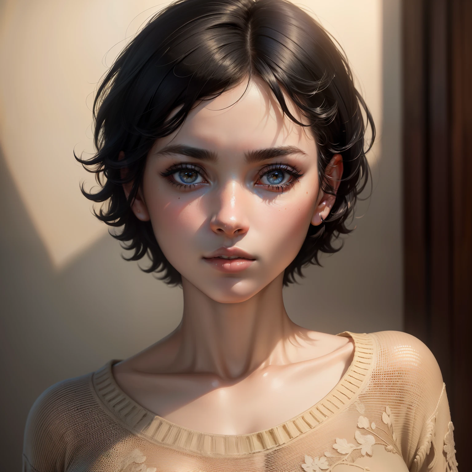 (masterpiece:1.3), (8k, photorealistic, RAW photo, best quality: 1.4), (1girl), beautiful face, (realistic face), (black hair, short hair:1.3), beautiful hairstyle, realistic eyes, beautiful detailed eyes, (realistic skin), beautiful skin, (sweater), absurdres, attractive, ultra high res, ultra realistic, highly detailed, golden ratio