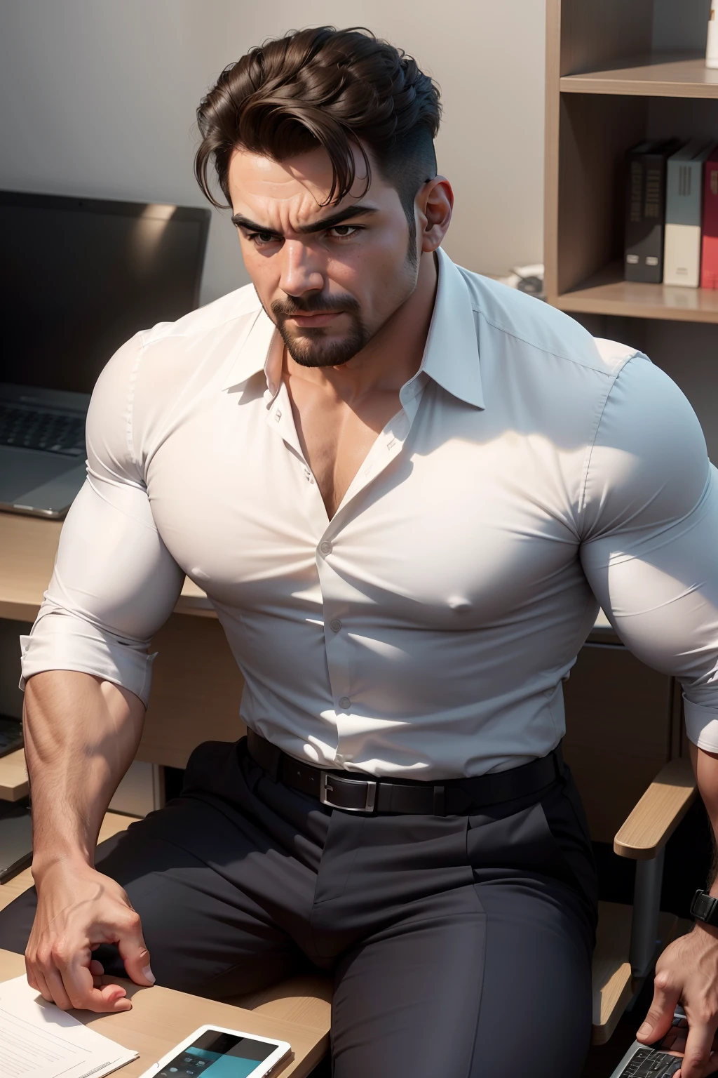 There's a strong man sitting at a desk with a laptop, vestindo camisa, sentado em sua empresa corporativa