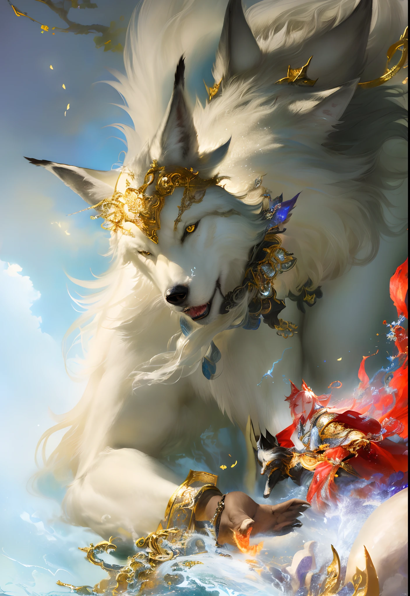 A white wolf, Onmyoji detailed art, WLOP and Sakimichan, by Yang J, furry fantasy art, trending on artstation pixiv, 2. 5 D CGI anime fantasy artwork, mythological creatures, Fantasy art Behance, very very beautiful furry art, Detailed digital anime art, Anime fantasy illustration