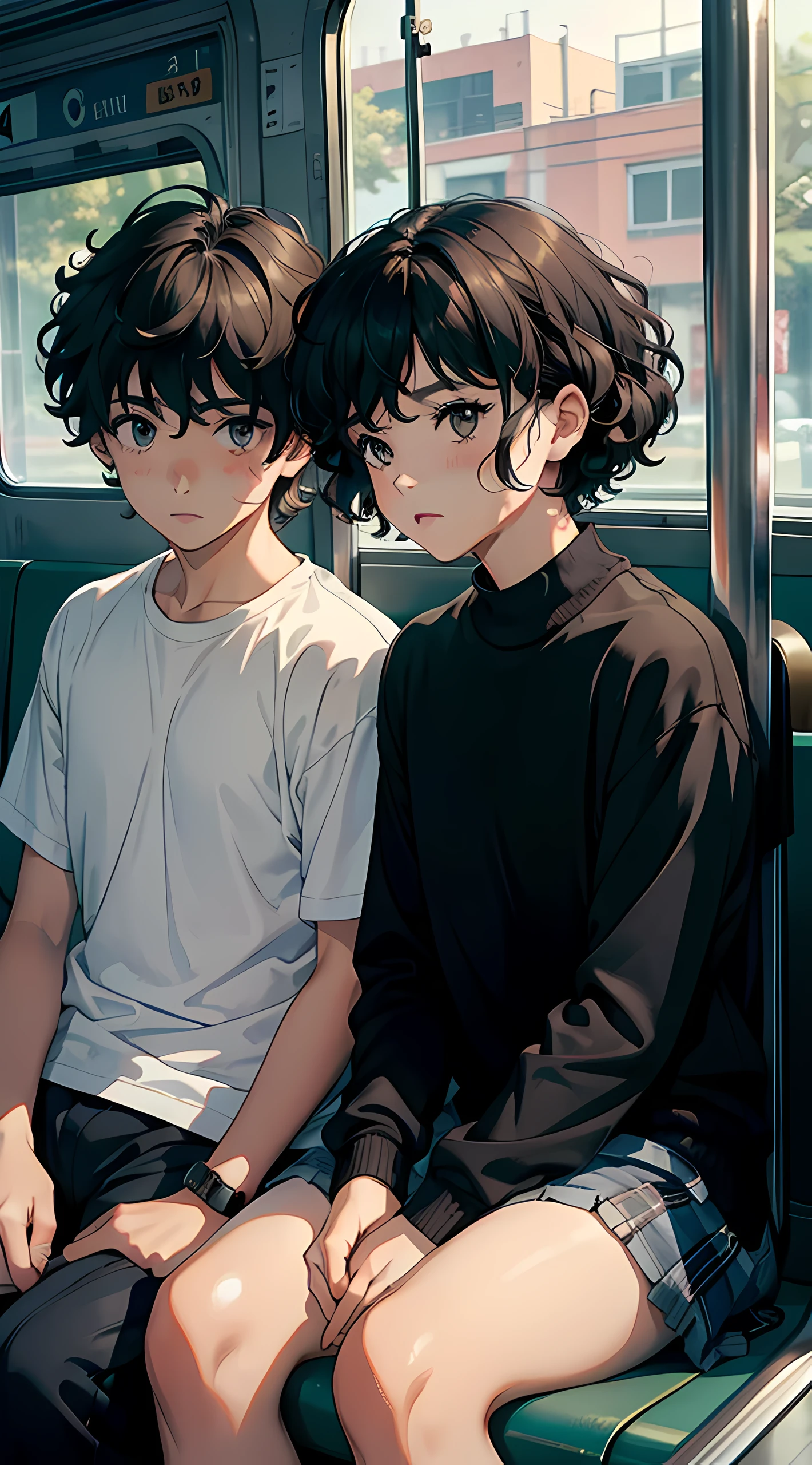 a boy with short curly hair and a girl with medium wavy hair, sitting on the bus, best quality, 4K, Masterpiece