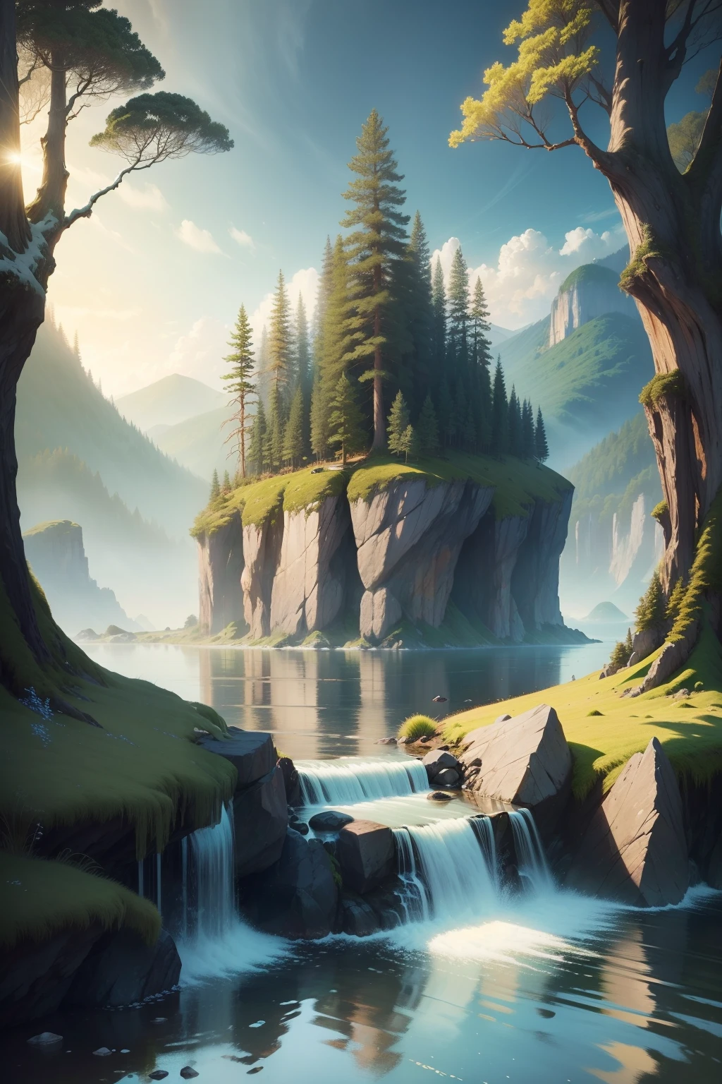 （tmasterpiece，top Quority，best qualtiy，offcial art，Beauty and aesthetics：1.2），（Fairytale，Contains landscapes of spring, summer, autumn and winter，High hills，flowingwater，ln the forest，the ocean，uni，rainforests：1.3），（s fractal art：1.3），
