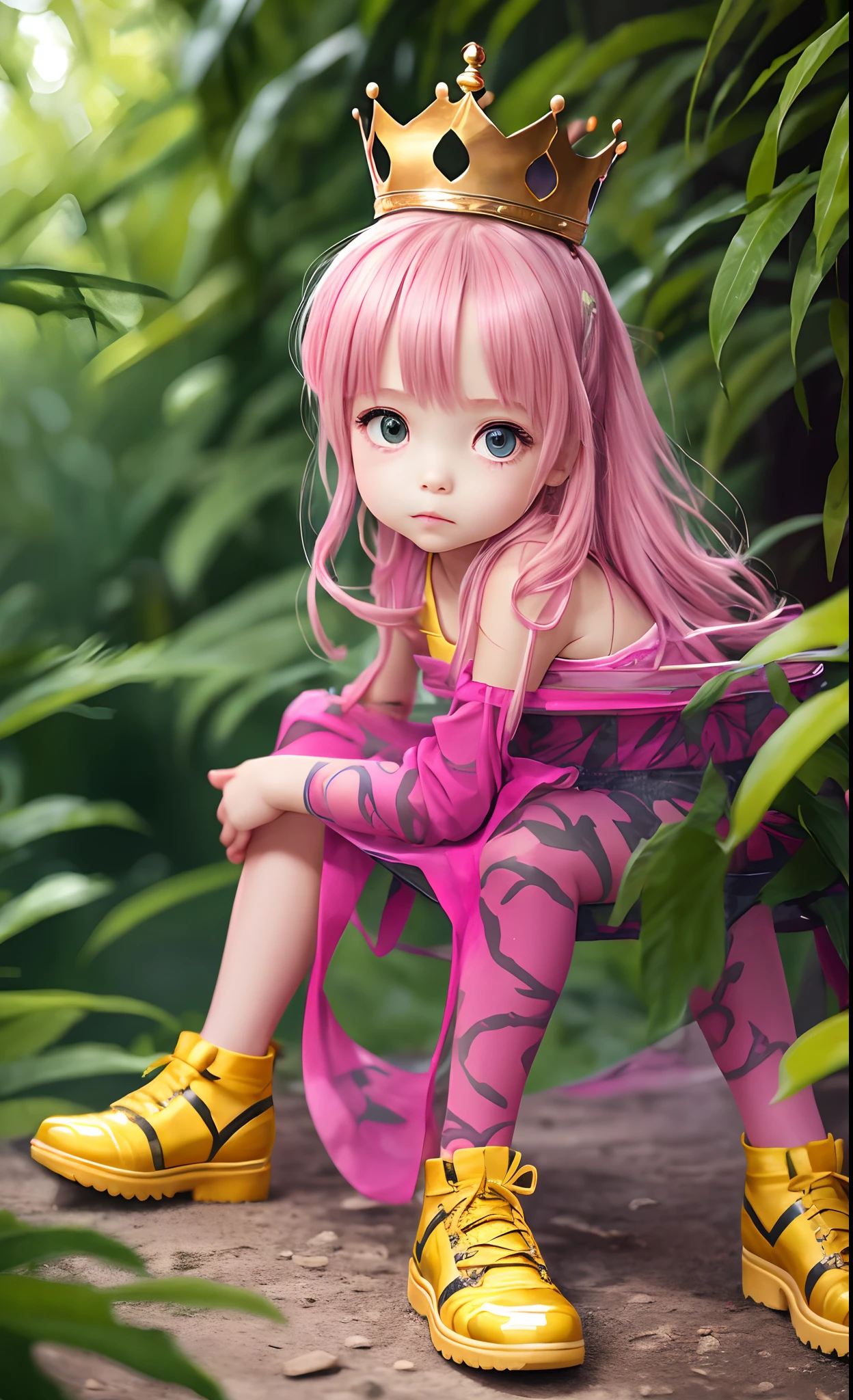 a in a fairly shape sitting on jungle road with crown on head and pink color dress and yellow shoes and a belt around her waist ,8k --auto --s2