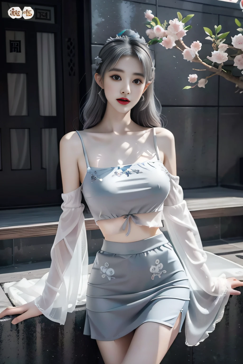 Ink milk tea gray hair color hair princess cut hairstyle,largeeyes,long eyelasher,largeeyes,long eyelasher,Translucent leaky white irregular skirt,Superskirt,Two-piece set to show off the bust,Redlip,Long legs,Black dragon tattoo,Tattoo of the arm and thigh,Side Body,Outdoor seaside