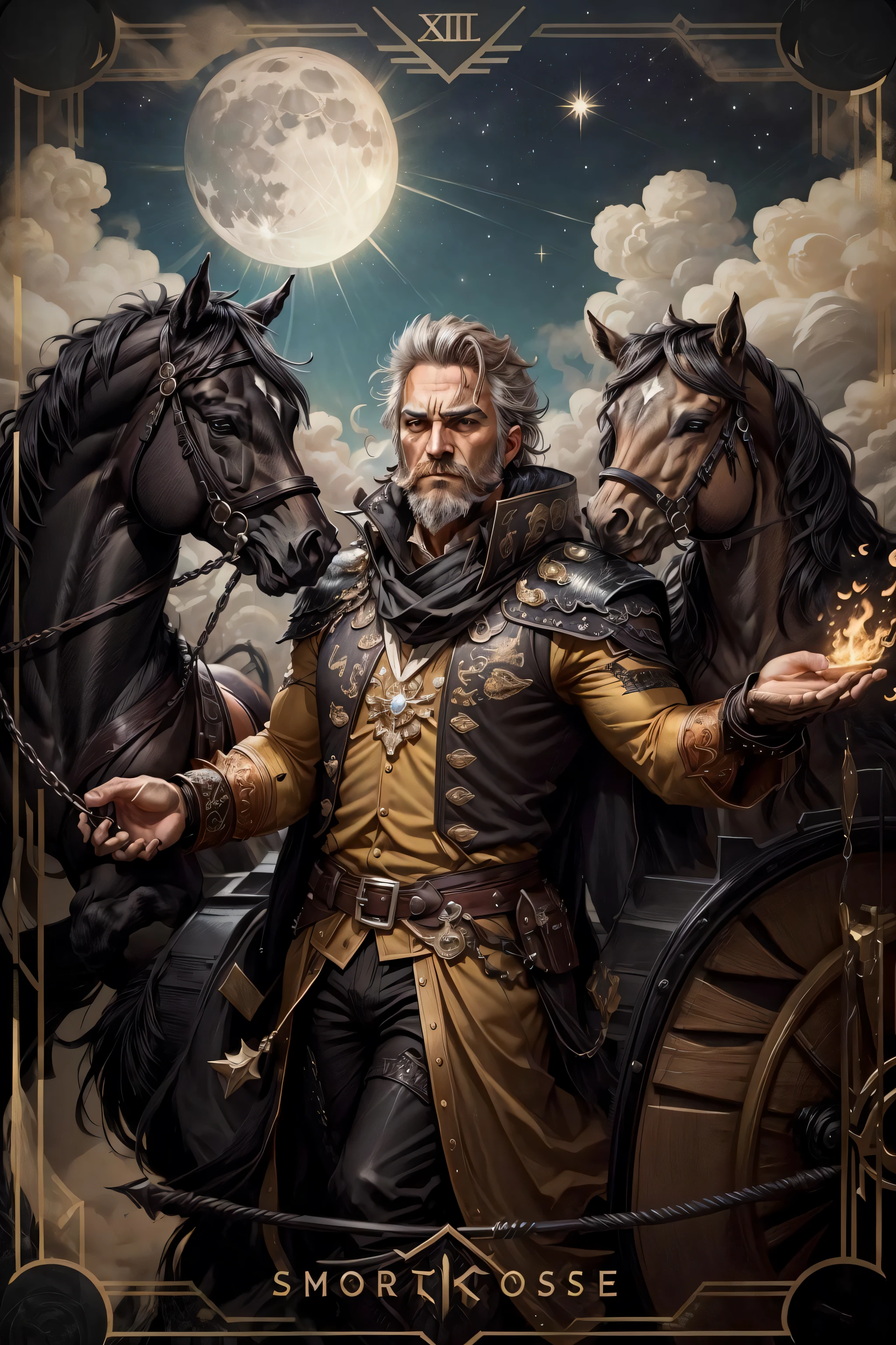 (mature man:1.3), solo, beard, stern look, The_Chariot,  dark chariot, man leads a chariot with black horses, magic, fantasy, moon and stars in the background,  ((masterpiece)), (high quality), (best quality), (detailed), hd, perfect night lighting, detailed face, detailed body,  (horridtarot)