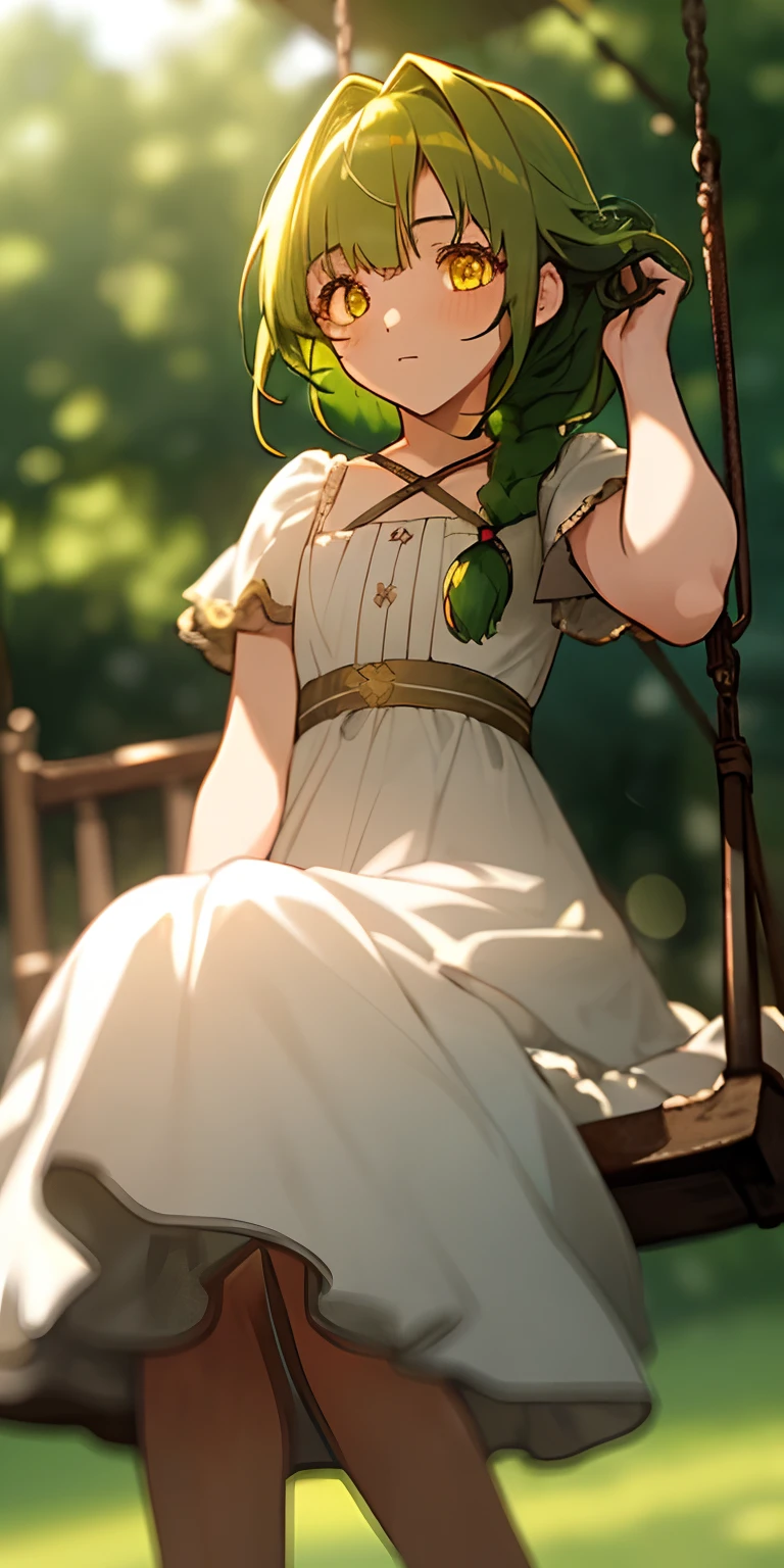 (masterpiece, best quality),1girl with green hair sitting on a swing, braid hair, yellow eyes, warm lighting, white dress, blurry foreground