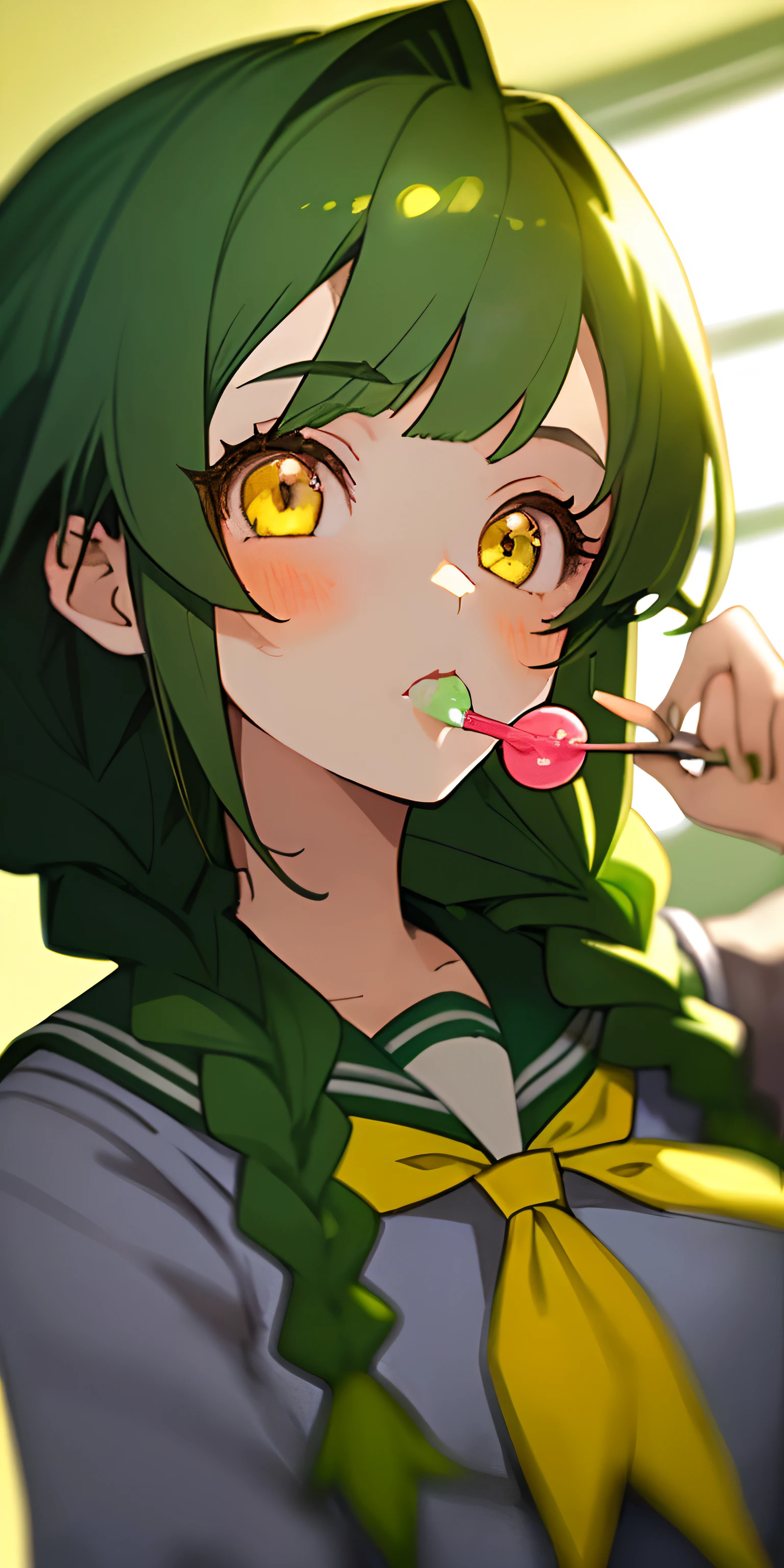 (masterpiece, best quality),1girl with green hair eating a pop, braid hair, yellow eyes, she look at camera, warm lighting, green school uniform, blurry foreground, anime style