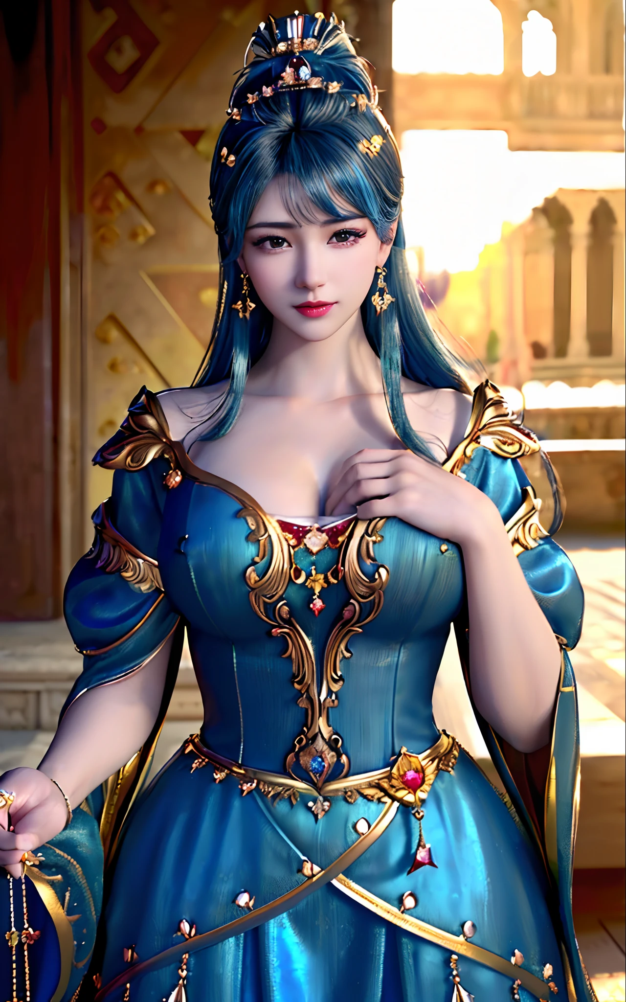 ((realisticity: 1.2)), ((best resolution: 8K UHD)), best quality,masterpiece,highres,cg,
((1 super detailed and super realistic girl)), ((very beautiful queen dazzling, super realistic, and super detailed)),((white skin, beautiful, smooth, youthful, super realistic and super detailed
)), long hair, ((super realistic and super detailed dress)), solo, ((super realistic, super beautiful, gorgeous and super detailed jewelry)), ((super beautiful, super realistic and super detailed dark red and golden yellow dress)),
((super beautiful, super realistic, super detailed diamond filled earrings)),
  ((super beautiful, super realistic and super detailed diamond filled hair ornament)), ((super beautiful upper body, super beautiful, super realistic and super detailed)), ((big breasts: 2.5)), 
((super grand, super realistic and super detailed royal palace backgroun))
((super beautiful, super beautiful, super realistic and super detailed hair bun)), ((super beautiful, super realistic and super detailed blue hair)),
candid, Photograph, high resolution, 8k,Bokeh,