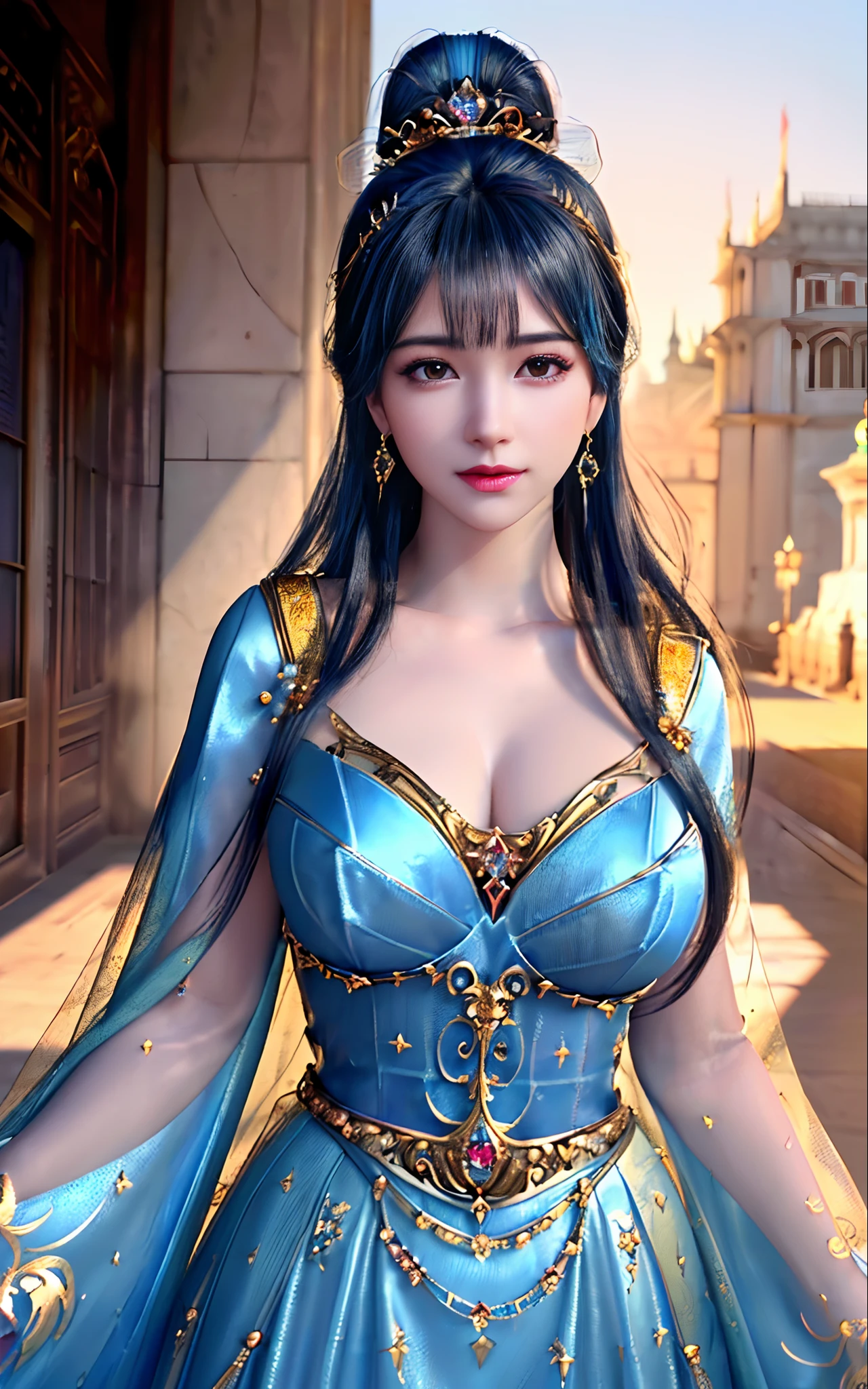 ((realisticity: 1.2)), ((best resolution: 8K UHD)), best quality,masterpiece,highres,cg,
((1 super detailed and super realistic girl)), ((very beautiful queen dazzling, super realistic, and super detailed)),((white skin, beautiful, smooth, youthful, super realistic and super detailed
)), long hair, ((super realistic and super detailed dress)), solo, ((super realistic, super beautiful, gorgeous and super detailed jewelry)), ((super beautiful, super realistic and super detailed dark red and golden yellow dress)),
((super beautiful, super realistic, super detailed diamond filled earrings)),
((super beautiful, super realistic and super detailed diamond filled hair ornament)), ((super beautiful upper body, super beautiful, super realistic and super detailed)), ((big breasts: 2.5)),
((super grand, super realistic and super detailed royal palace backgroun))
((super beautiful, super beautiful, super realistic and super detailed hair bun)), ((super beautiful, super realistic and super detailed blue hair)),
candid, Photograph, high resolution, 8k,Bokeh,