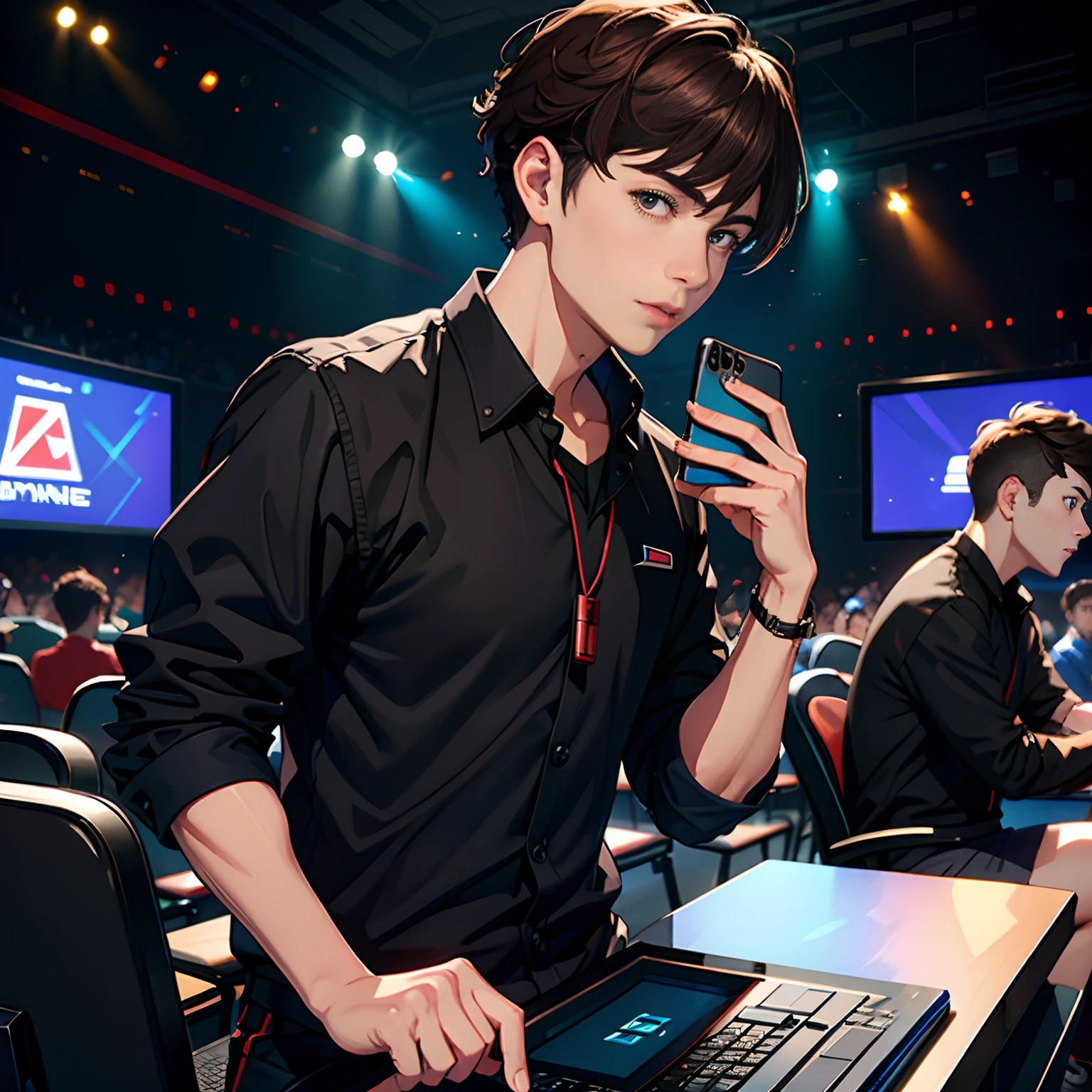 A handsome young man with brown hair，wearing black clothes，Playing with my phone in an esports arena