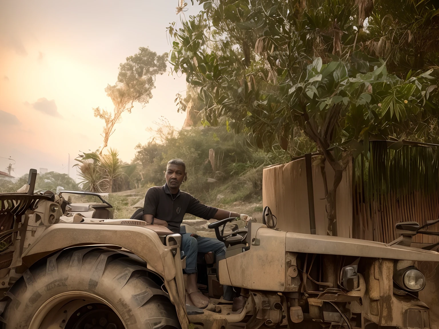 there is a man that is sitting on a tractor in the dirt, single bangla farmer fighting, farmer, shot on nikon z9, villagers busy farming, taken with sony alpha 9, tending on arstation, taken with the best dlsr camera, photo taken in 2 0 2 0, shot on canon eos r5, shot on canon eos r 5, on a farm, cyberpunk, ultra realistic, smart,hd,8k,best quality, handsome, light,power
