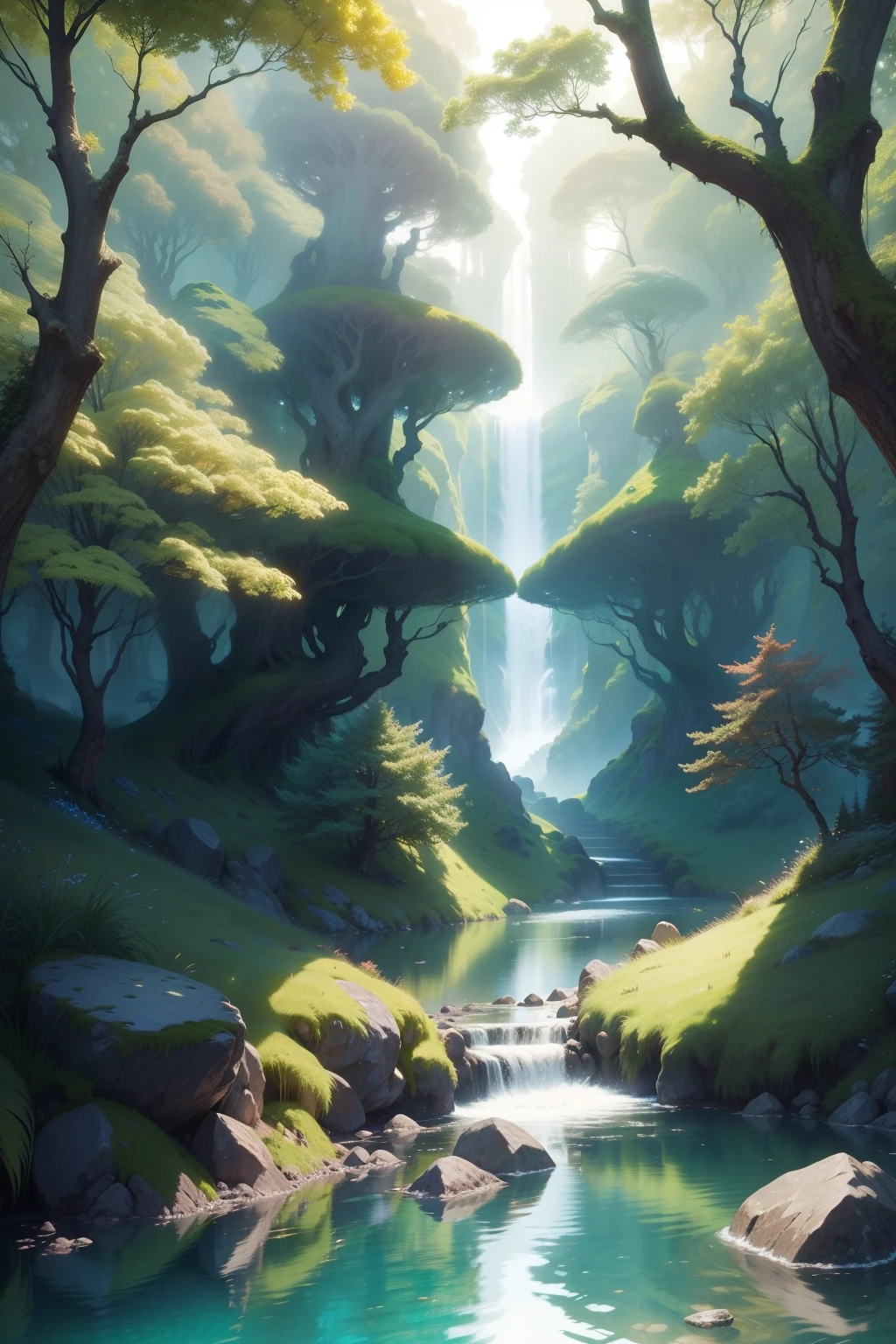 (tmasterpiece,top Quority,best qualtiy,offcial art,Beauty and aesthetics:1.2),(Fairytale,Contains landscapes of spring, summer, autumn and winter,High hills,flowingwater,ln the forest,the ocean,uni,rainforests:1.3),(s fractal art:1.3),