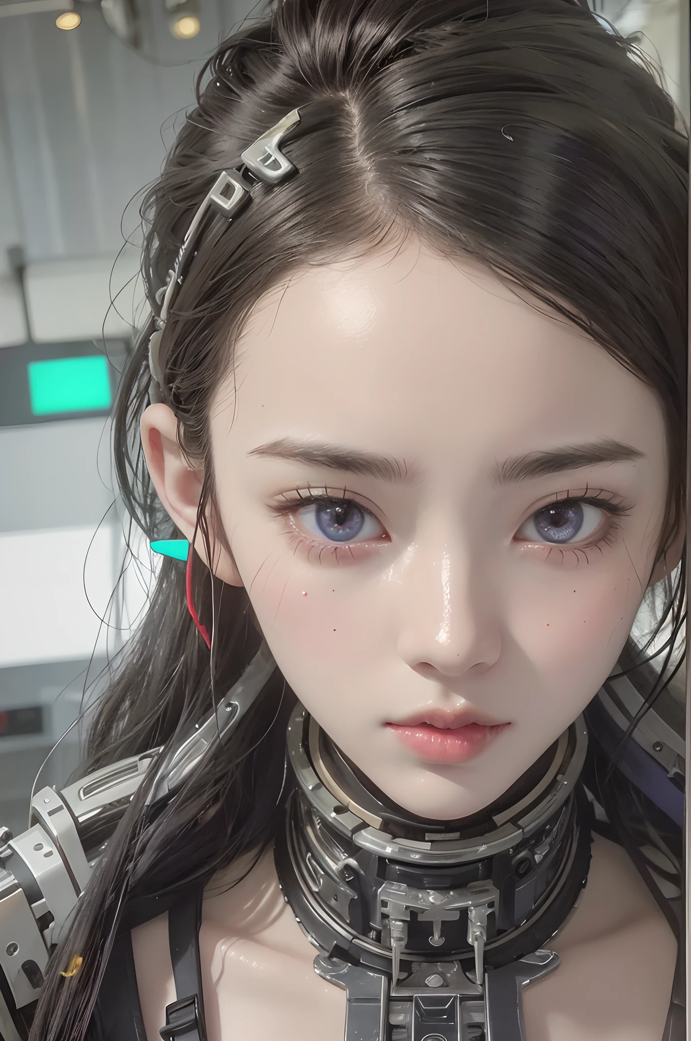 Top Quality, Masterpiece, Ultra High Resolution, (Photorealistic: 1.4), Raw Photo, 1 Girl, Black Hair, Glossy Skin, 1 Mechanical Girl, (Ultra Realistic Detail)), Portrait, Global Illumination, Shadows, Octane Rendering, 8K, Ultra Sharp, Big, Cleavage Exposed Raw Skin, Metal, Intricate Ornament Details, Japan Details, Very intricate details, realistic light, CGSoation trend, purple eyes, glowing eyes, facing the camera, neon details, mechanical limbs, blood vessels connected to the tube, mechanical vertebrae attached to the back, mechanical cervical attachment to the neck, sitting, wires and cables connecting to the head, gundam, small LED lamps,