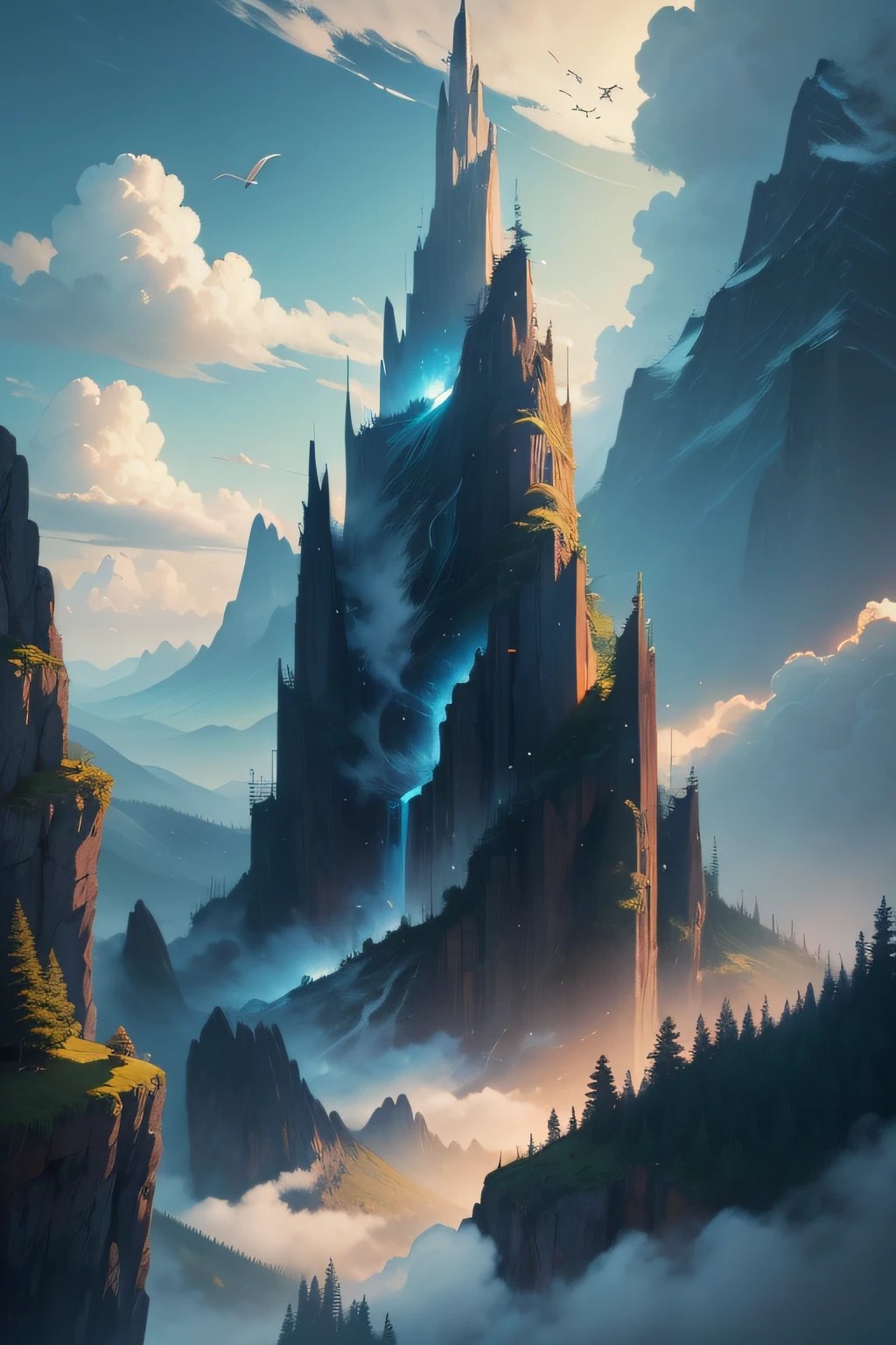 A painting of birds flying on a mountain, a detailed painting, Puhua, Chillhop, magical cloudy background, surrounding magical flow, anime cover, random art images, dense trees, loading screen,