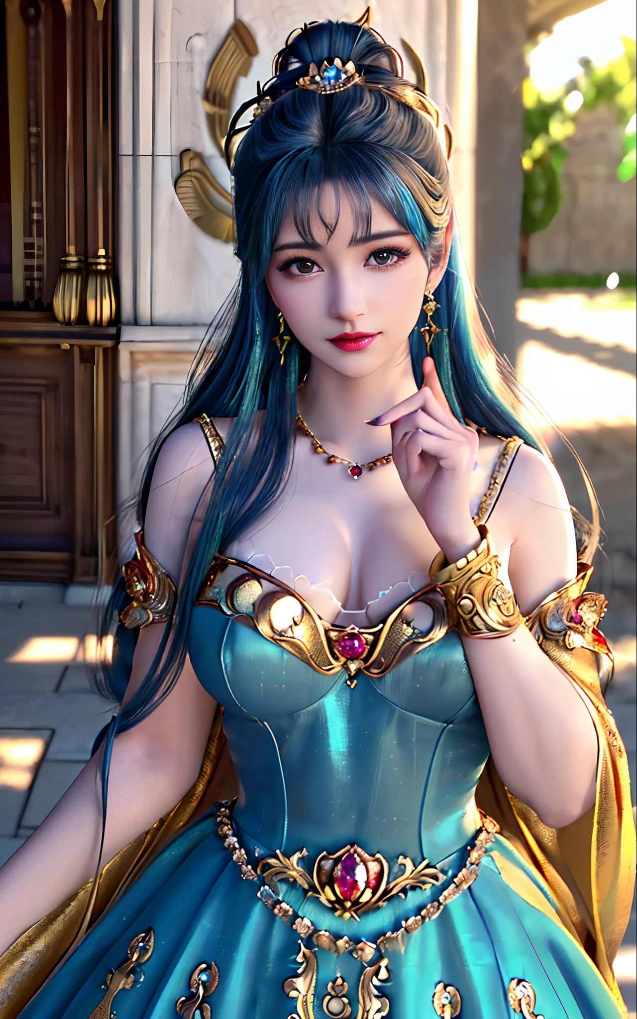 ((realisticity: 1.2)), ((best resolution: 8K UHD)), best quality,masterpiece,highres,cg,
((1 super detailed and super realistic girl)), ((very beautiful queen dazzling, super realistic, and super detailed)),((white skin, beautiful, smooth, youthful, super realistic and super detailed
)), long hair, ((super realistic and super detailed dress)), solo, ((super realistic, super beautiful, gorgeous and super detailed jewelry)), ((super beautiful, super realistic and super detailed dark red and golden yellow dress)),
((super beautiful, super realistic, super detailed diamond filled earrings)),
((super beautiful, super realistic and super detailed diamond filled hair ornament)), ((super beautiful upper body, super beautiful, super realistic and super detailed)), ((: 2.5)),
((super grand, super realistic and super detailed royal palace backgroun))
((super beautiful, super beautiful, super realistic and super detailed hair bun)), ((super beautiful, super realistic and super detailed blue hair)),
candid, Photograph, high resolution, 8k,Bokeh,