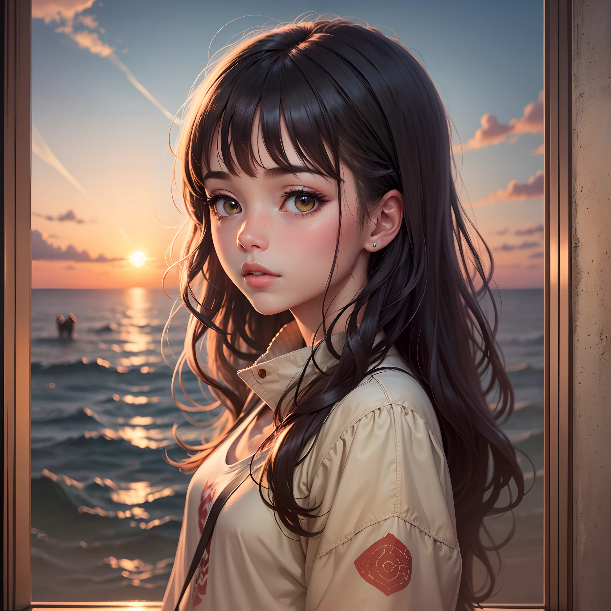 Illustration of a girl watching sunset. --auto --s2