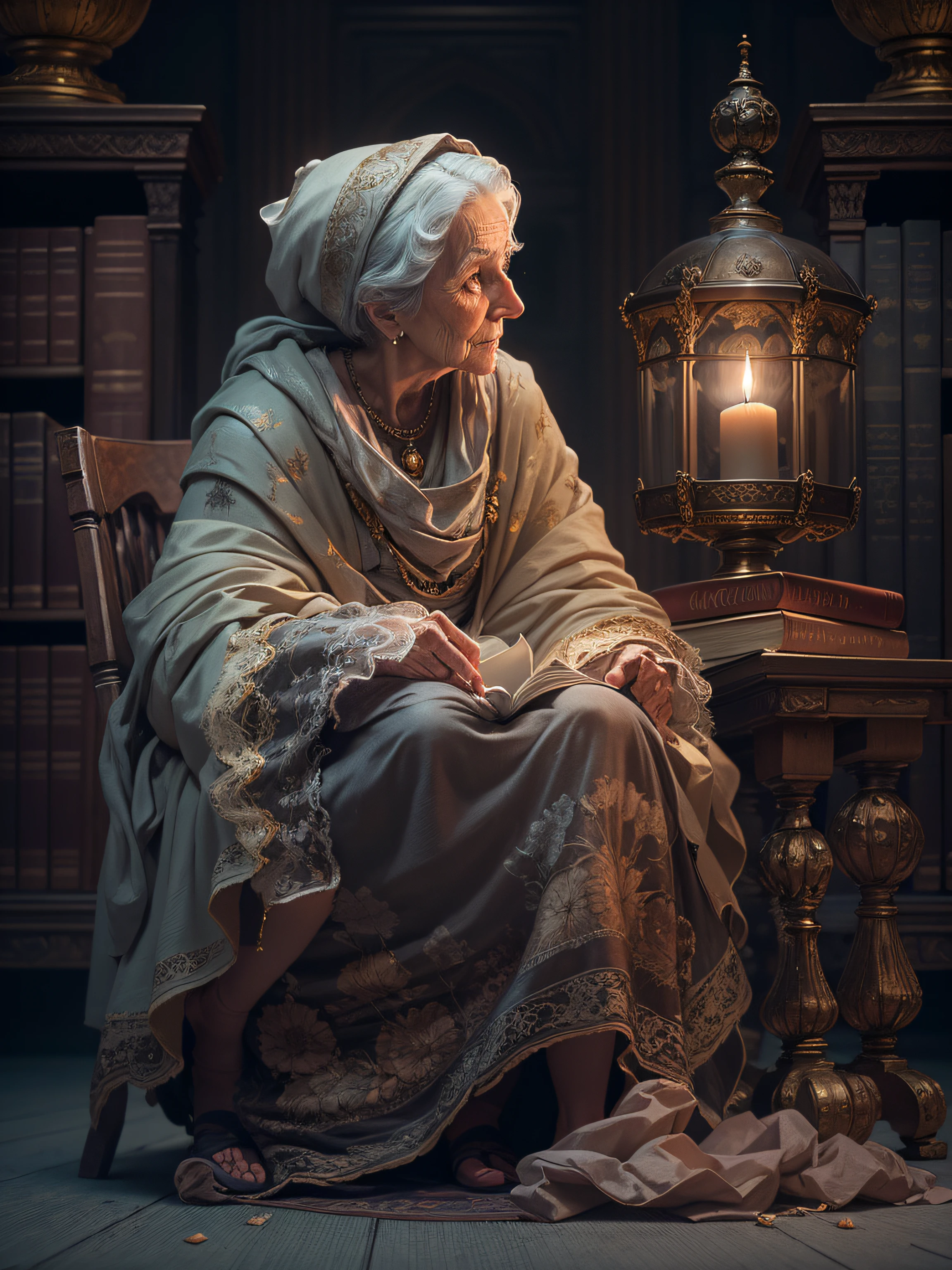 an elder woman sitting on a old chair in library, wrapped on the sheet, hermit, marble statue, dark octane render, lighting from candle lamp, baroque, european, side view from bottom, anatomically correct, super detailed