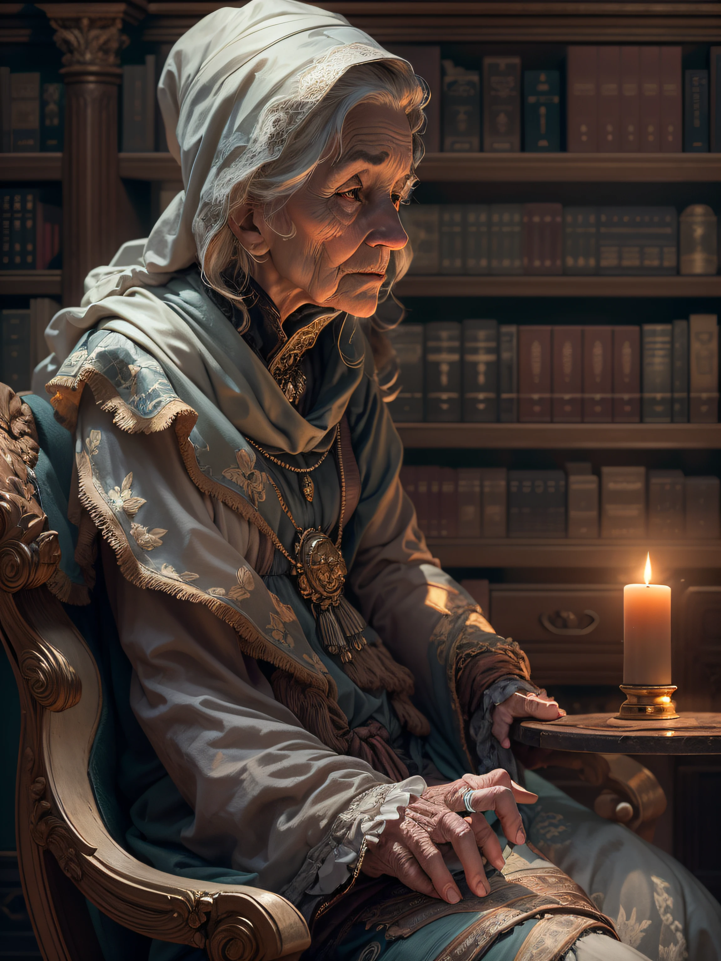 an elder woman sitting on a old chair in library, wrapped on the sheet, hermit, marble statue, dark octane render, lighting from candle lamp, baroque, european, side view from bottom, anatomically correct, super detailed