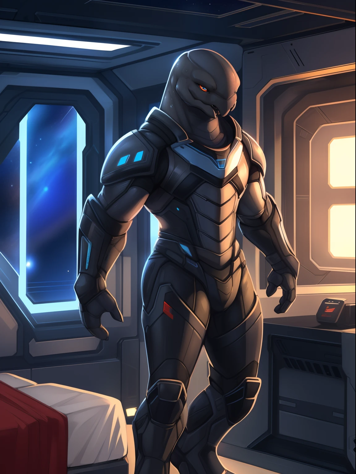 ((Perfect anatomy, detailed eyes, detailed legs, detailed arms, detailed body, detailed face)), Sangheili, 1male, skinny muscular, dark gray skin, room space, space armor, by Zackary911, Zackary911