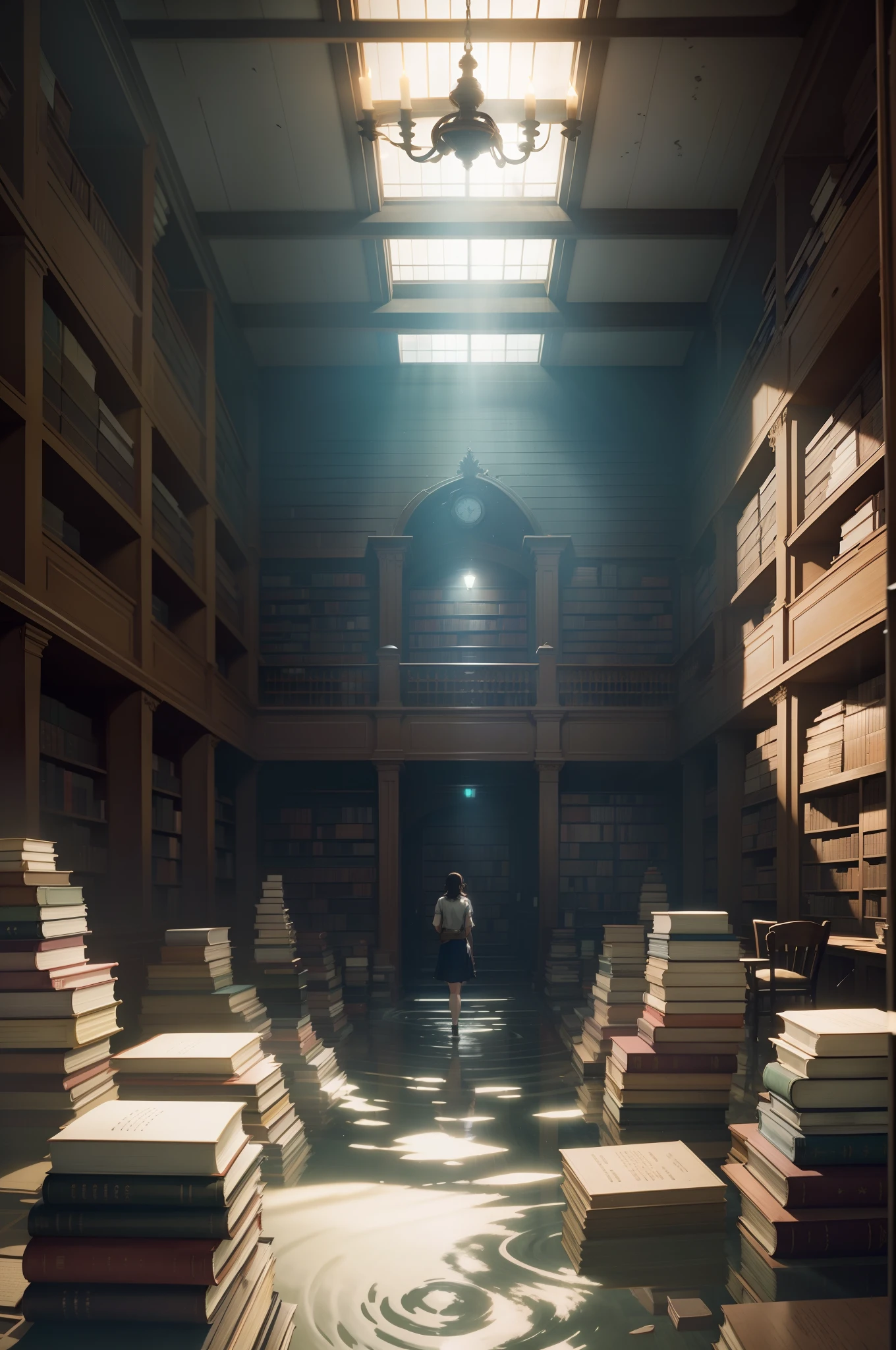 The floor is shallowly soaked in water,Ripples,There was a woman standing in a room full of books, dusty library, standing inside a magic library, in a ravaged library, in a gloomy library, ancient library, the librarian, Makoto Shinkai. rendering by octane, vast library, Filled with books, rendering by octane. By Makoto Shinkai, old library, endless books, an eternal library,The floor is submerged in the shallow seawater