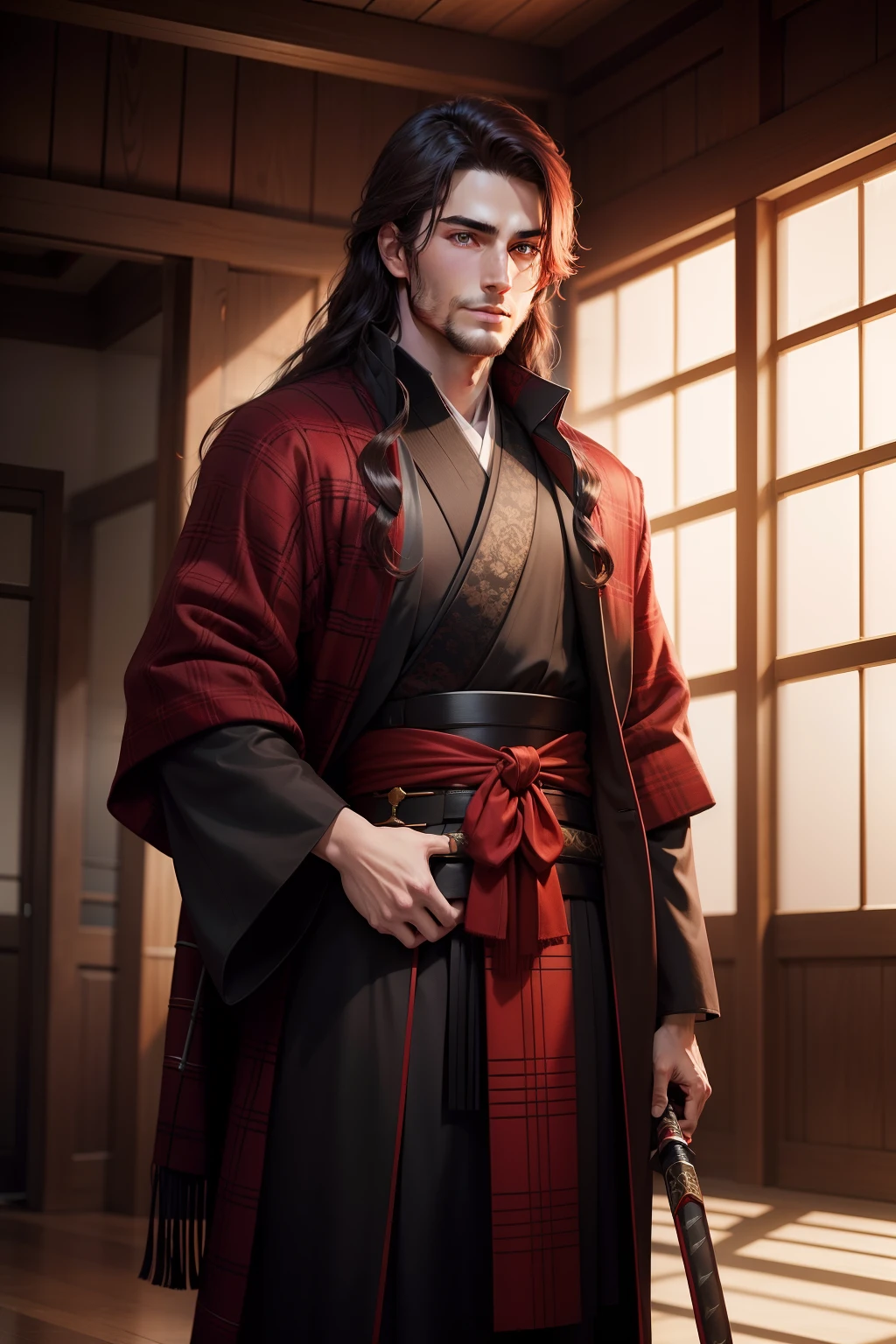 Red and black plaid robe,Brown samurai coat,holding a katana,Young men,,Long dark brown hair,red color eyes,ssmile,white skinned,,handsome,No beard,full bodyesbian