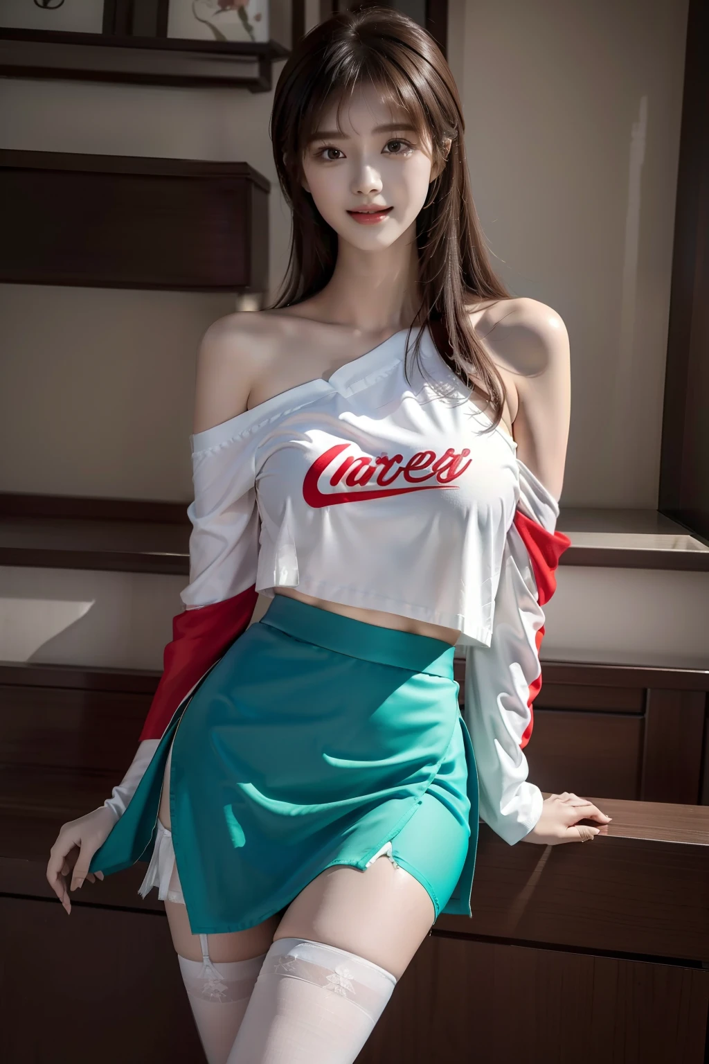 (8K分辨率),By bangs,Best image quality,Works of masters,Higher quality,high detal,(超高分辨率),a beauty girl,Seven-doppelganger shot,solo person,Long messy brown hair,lipsticks,Sweet smile,Baring teeth,Watery eyes,ssmile,hair straight,slanted bangs,(obi strip),dynamic angle,China-style,((cheering party)),((tee shirt)),(((pleatedskirt))),((Bare one shoulder)),Security is not disclosed(Clear jacket),(((Hosiery))),((Facing the viewer)),Crossed waist with one hand