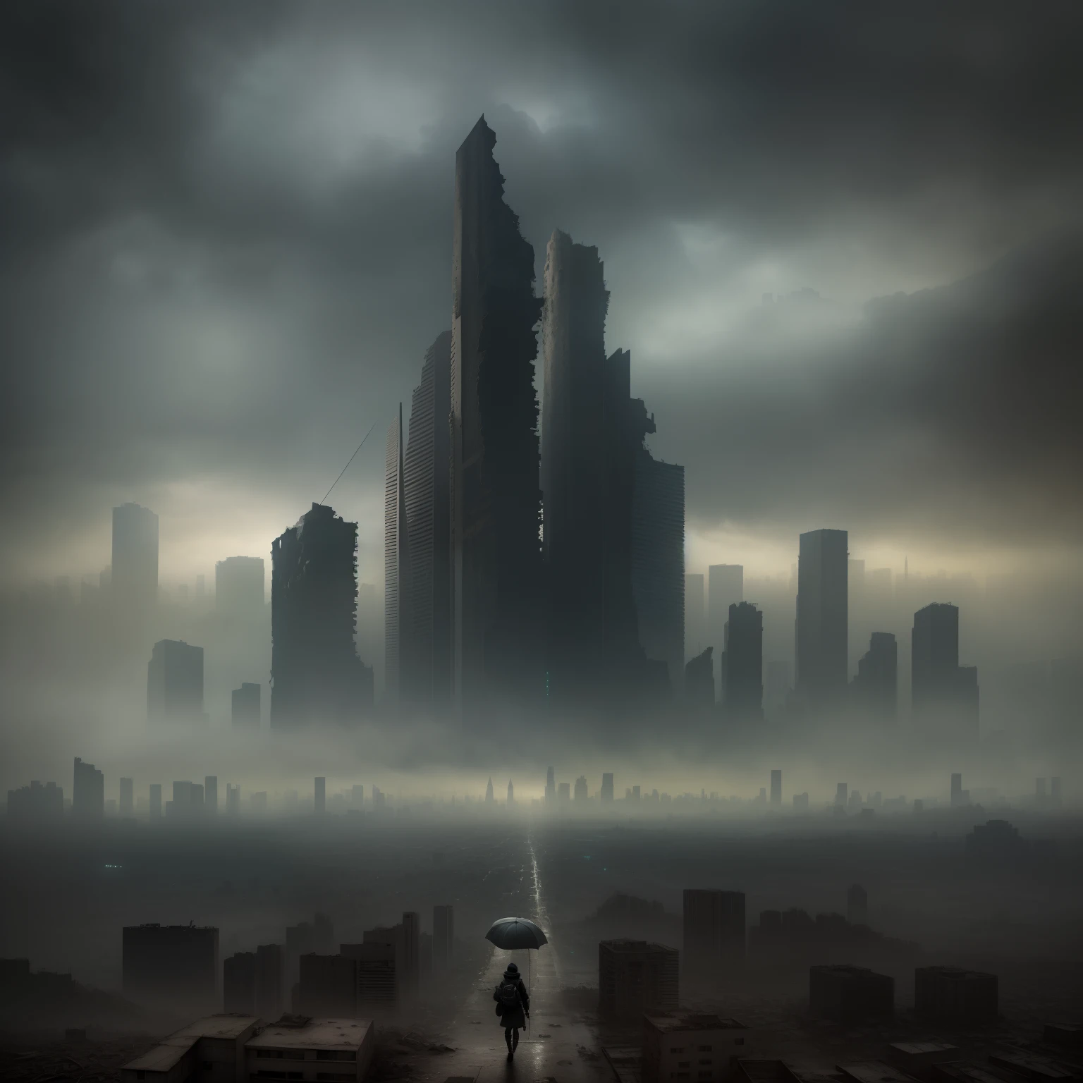 There is a picture of the city,,em uma paisagem urbana arruinada,ruined cityscapes,outdoors ruined cityscape,background is a city in ruins,post apocalyptic city,Post-apocalyptic view,destroyed city,The city of the apocalypse,Post-apocalyptic cities,ruined city in the background, An abandoned dystopian city,shadowy,Heavy fog,Rainy