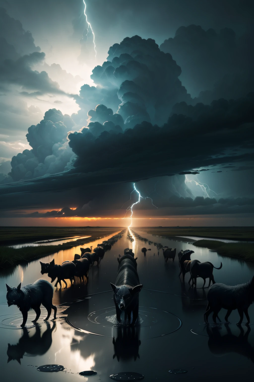 Now, imagine a sunny morning suddenly transforming into a stormy spectacle. Dark clouds gather ominously, and raindrops begin to fall, creating ripples in puddles that reflect the magical surroundings. Visualize the animals scurrying with urgency, seeking refuge from the impending storm.