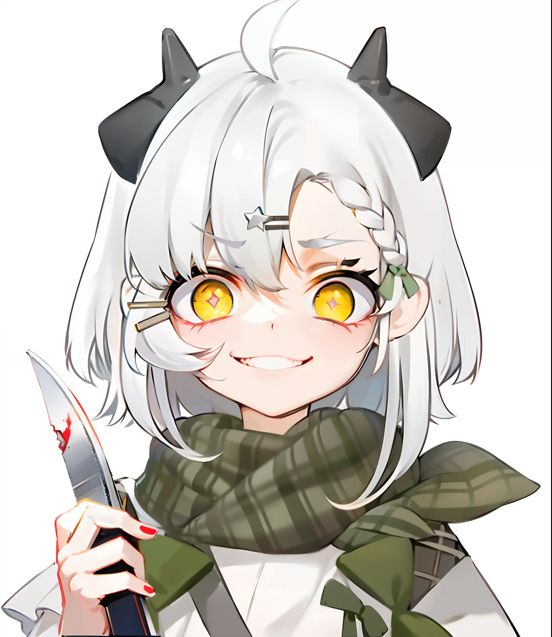 1girll, Solo, ((White hair)), Short hair,ahoge,(french braid),(Light green scarf), hair pin,((Dark gray corners)),((Yellow eyes)), hair adornments,,Smile,,White jacket,Anime girl with white hair, rogue anime girl, Gesugao, (Evil smile), (Crazy yellow eyes with small pupils:1.2), Yandere, Looking down, (shaded face:1.2), holding knives, (blood spatter:1.2),((Flat color)),gesugao,gesugao facial expression,sadistic smile