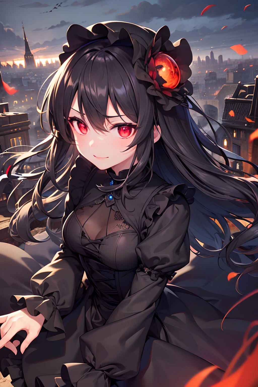 sharp focus, best quality, depth of field, cinematic light, detailed outfit, 8k, perfect eyes, rich in details and textures, detailed body, detailed eyes, black long hair, red eyes, (glowing eyes), evil smile, loli, gothic lolita, wind blowing through hair, crumbled city, ruined city, mini hat