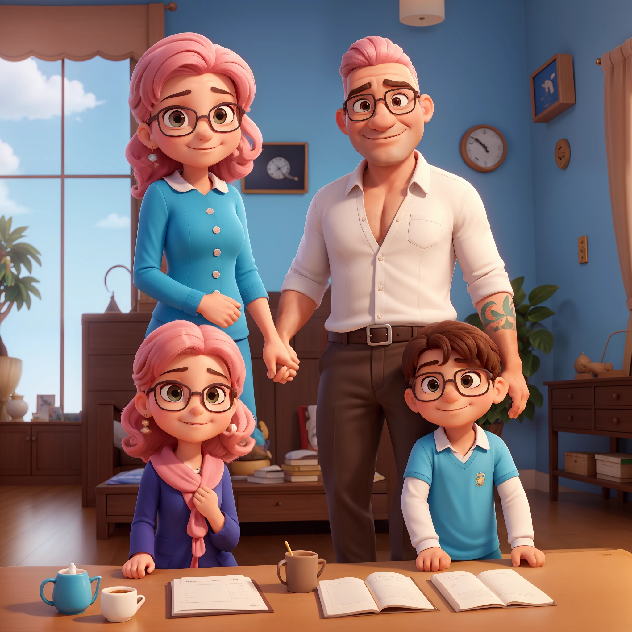 `1 Marina embraces her father, Whoever is sitting does not sit on the couch. Her father holds Marina in his arms and looks at her with love.1 Marina is a 3-year-old girl with pink hair and brown eyes . Ela tem um sorriso doce e uma personalidade amorosa``.``2 Marina's father is tall, Strong man without hair on his head, mas com um grande, Beautiful, barba bem cuidada. ,careca e olhos castanhos,usando oculos de grau metamorfo e o estilo do seu corpo. 2 He is kind and considerate and loves spending time with his 1 daughter. 2 ele tem uma tatoo no pescoco outra em cada antebraco ,lado diretito eh um olho no esquerdo sao mini planetas em um escrito maria em outro michelly e em outro Marina