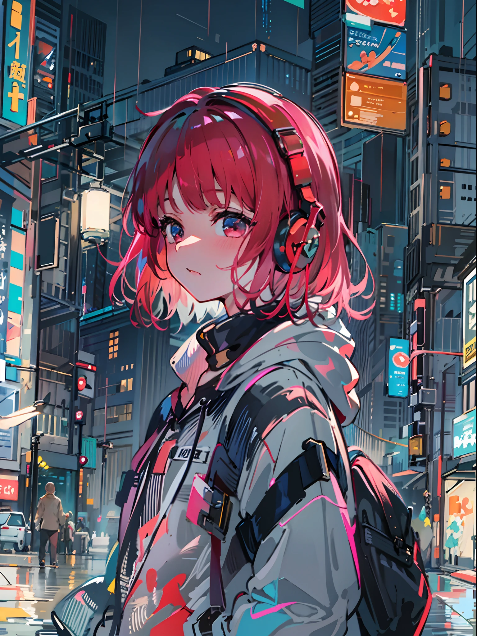 8K分辨率、((top-quality))、((​masterpiece))、((ultra-detailliert))、1 woman、独奏、incredibly absurdness、Oversized hoodies、headphones、Street、plein air、Rain at night、neons、Shortcut Hair、Brightly colored eyes、Hands in pockets、shortpants、water dripping、red hairs、Bob Hair