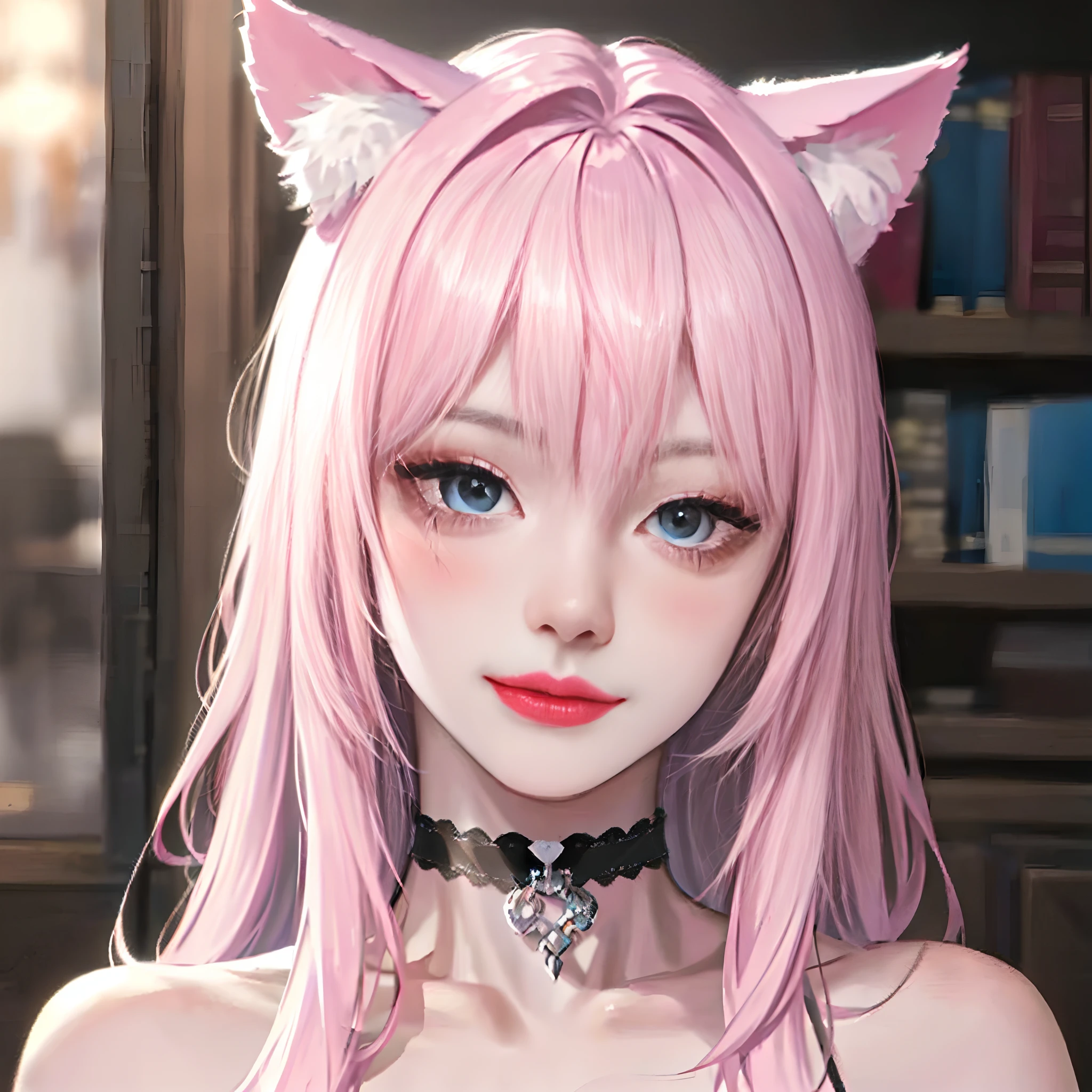 1girl, animal ears, bangs, black choker, black hair, blue eyes, blurry, cat ears, choker, closed mouth, collarbone, eyelashes, lips, long hair, looking at viewer, portrait, solo,(shiny skin),realistic,fashi-girl,milf,extremely delicate and beautiful,goddess,smile,pink lips
