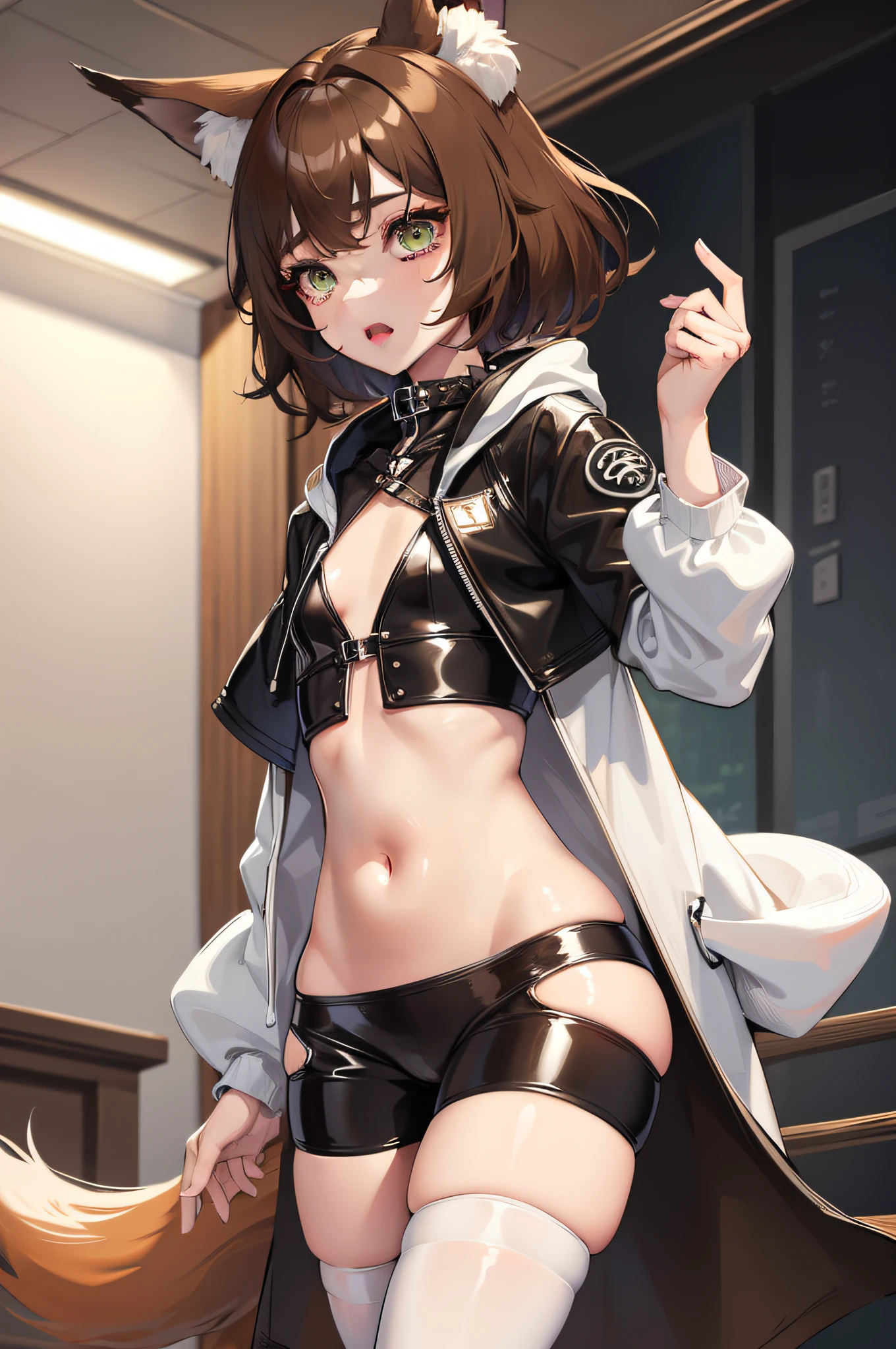 1boy, feminine, girly, foxboy, fox ears, fox tail, green eyes, dark brown hair, thick thighs, thigh highs, black mascara, wide hips, sexy, flat chest, white hoodie, beautiful eyes, mature, latex,