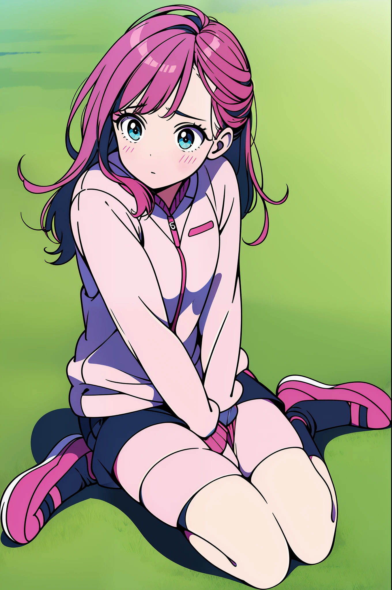 1girl, pink hair, twaintails, wariza, wariza sitting, solo, sitting on grass, w sitting, from above, sportswear, sport wer, hand between legs, outdoor, cute, blushing