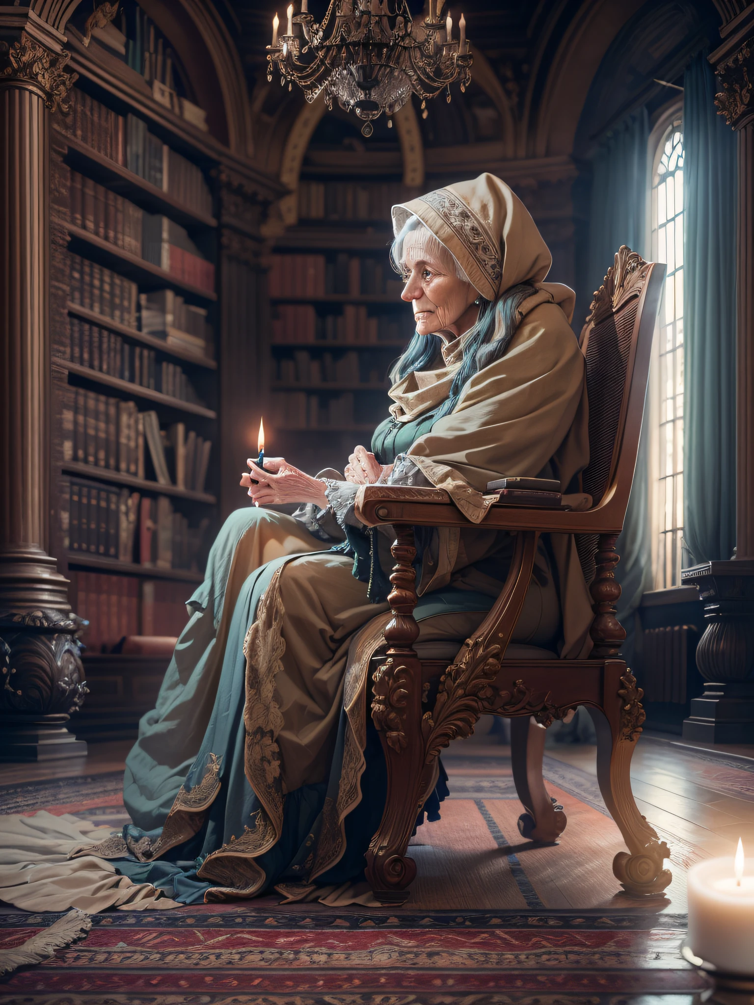 an elder woman sitting on a old chair in library, wrapped on the sheet, hermit, marble statue, dark octane render, lighting from candle lamp, baroque, european, side view from bottom, anatomically correct, super detailed