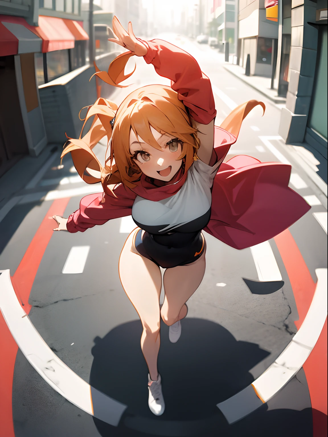 1girl , anime style , dynamic pose , from above,one arm up , excited expression,street wear , thick thighs , full body , depth of field