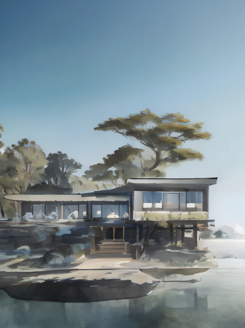 a rendering of a house on a rocky island with a dock, arquitetura realista, architectural visualisation, precise architectural rendering, Casa minimalista na madeira, Modern house made of tree, architectural render, architectural render, natureza encontra arquitetura, architectural visualisation, Casa Japonesa, architecture visualisation, paisagem hiper-realista, high-quality render, built around ocean, inspirado em Tadao Ando