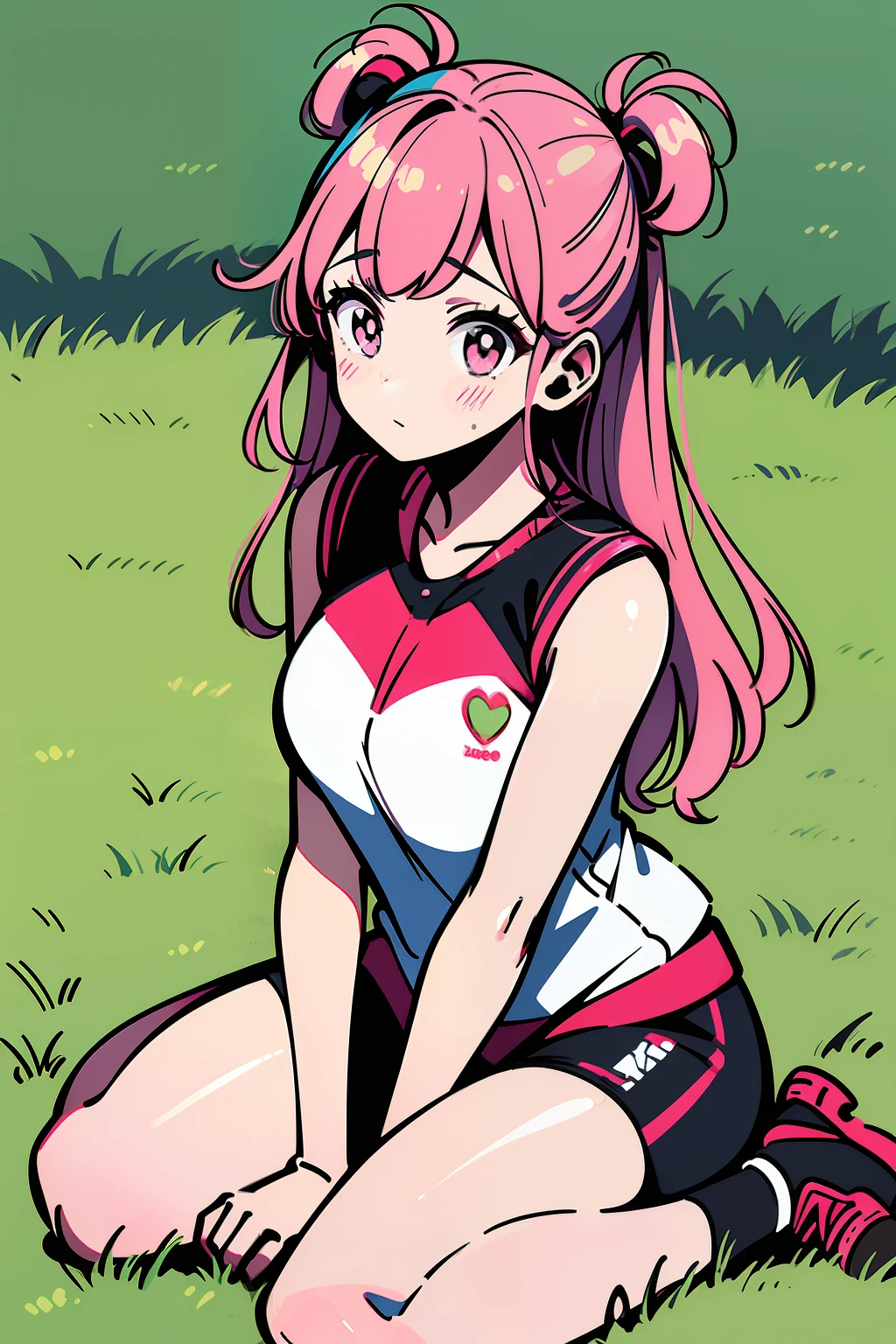 1girl, pink hair, twaintails, wariza, wariza sitting, solo, sitting on grass, w sitting, from above, sportswear, sport wer, hand between legs, outdoor, cute, blushing