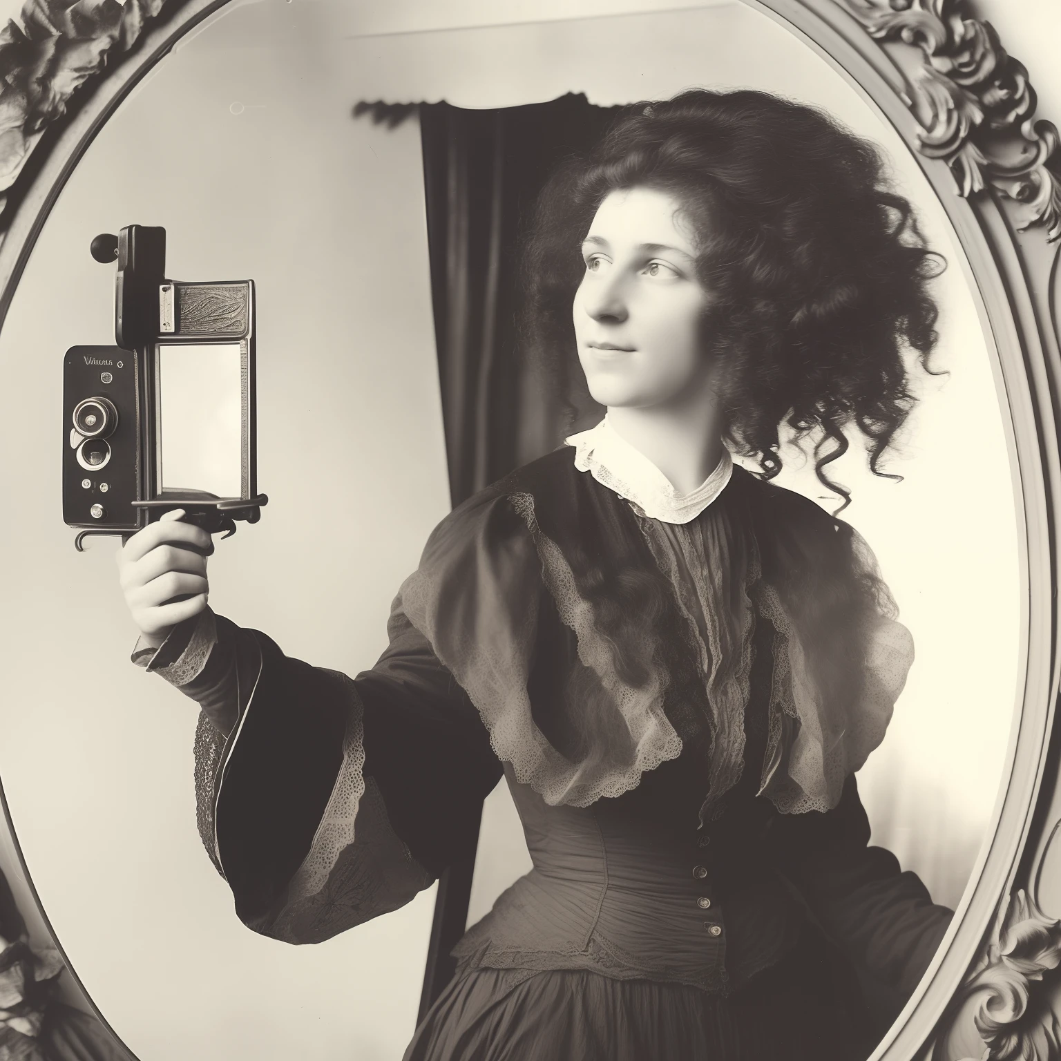 woman with Taking selfie in mirror with camera, 1880s, vintage, Victorian era clothing, curly hair, Caucasian. Vintage, black and white image, vintage selfie, 1880s, low quality.