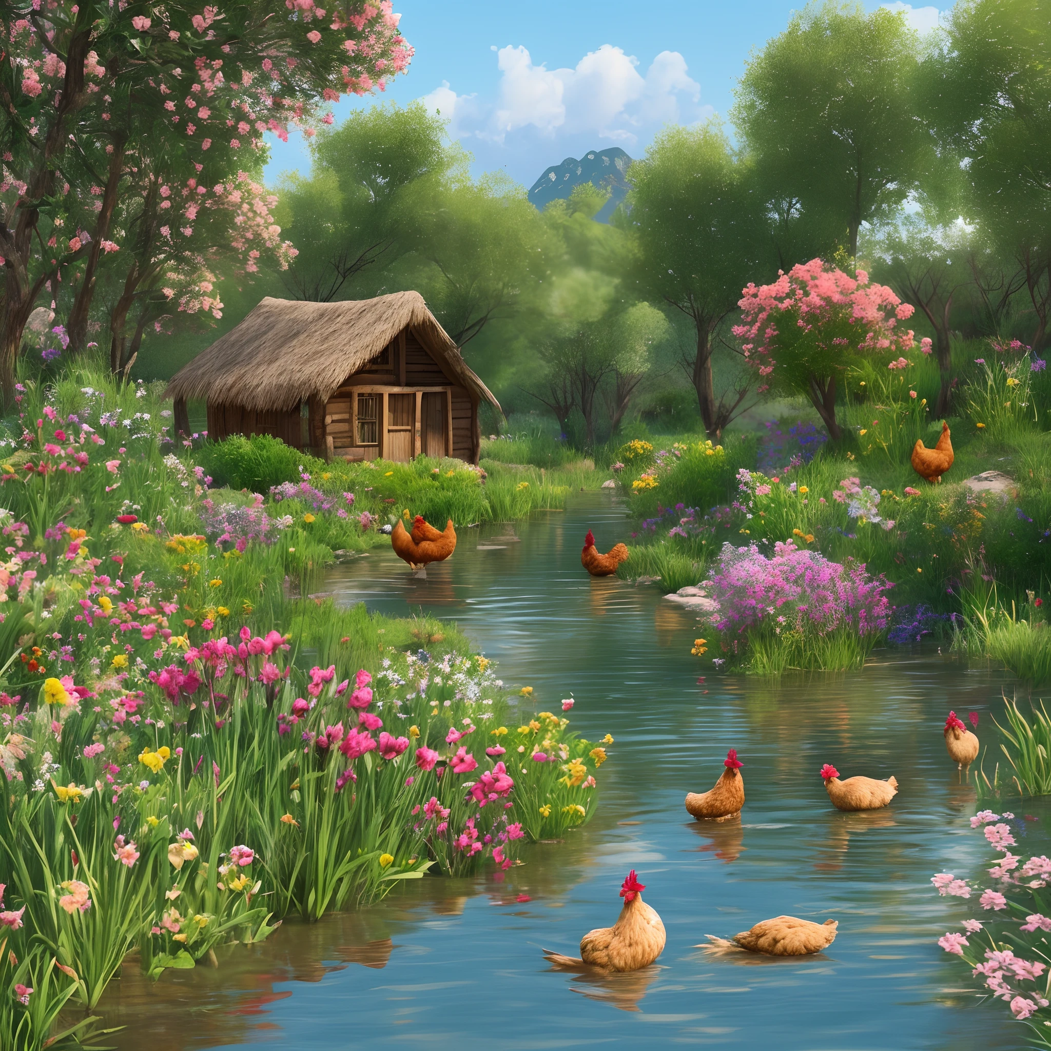A hut, flowers, trees, a small river and 3 chickens ,8k --auto --s2