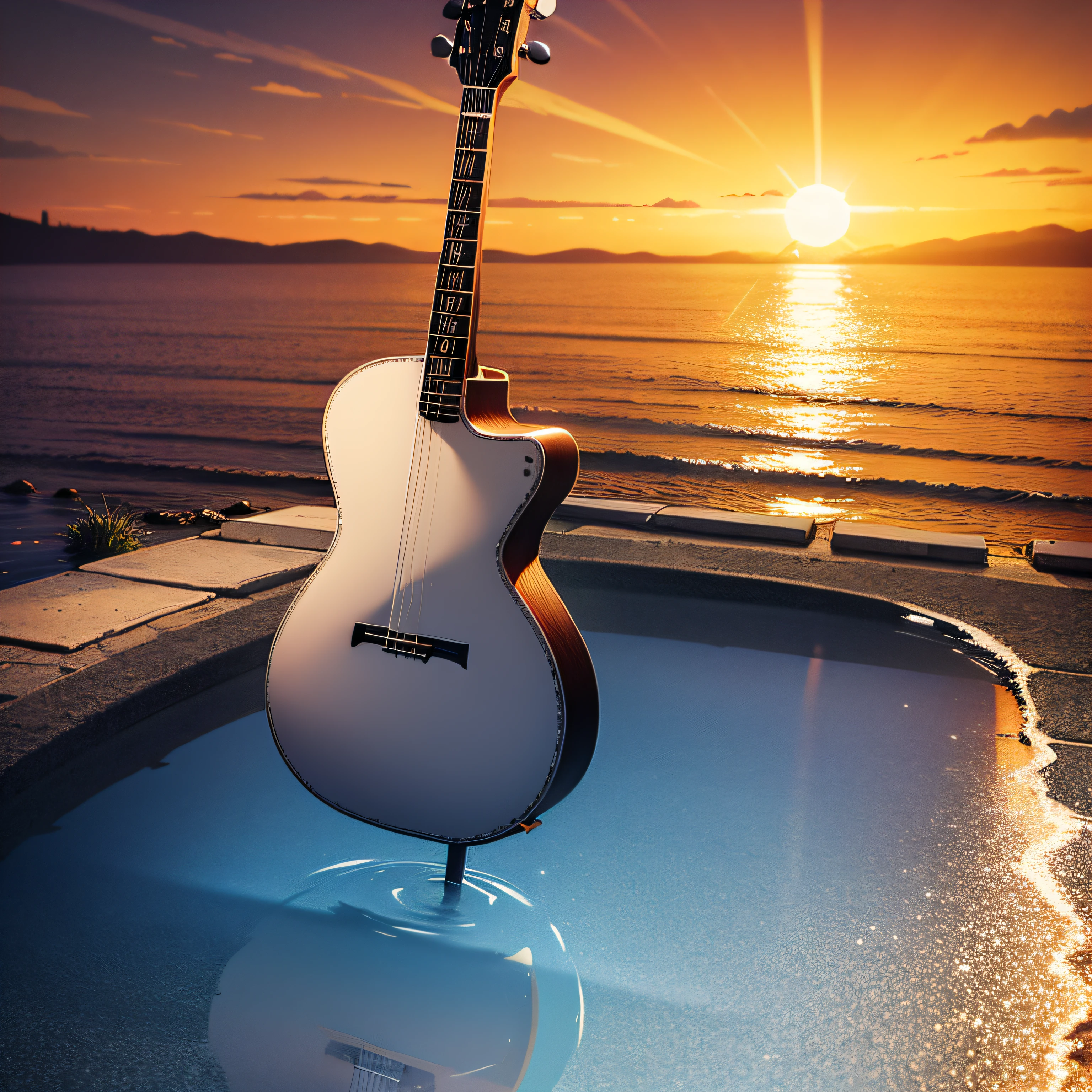 1 standing guitar, reflected in a puddle of water. sun sunset.