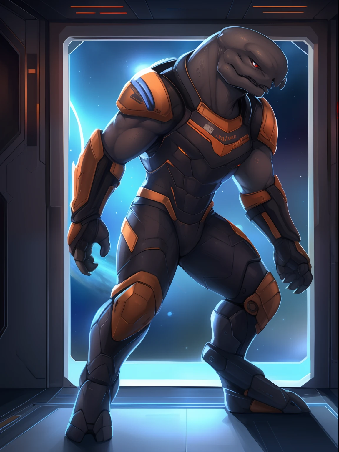 ((Perfect anatomy, detailed eyes, detailed legs, detailed arms, detailed body, detailed face)), Sangheili, 1male, skinny muscular, dark gray skin, room space, space armor, by Zackary911, Zackary911