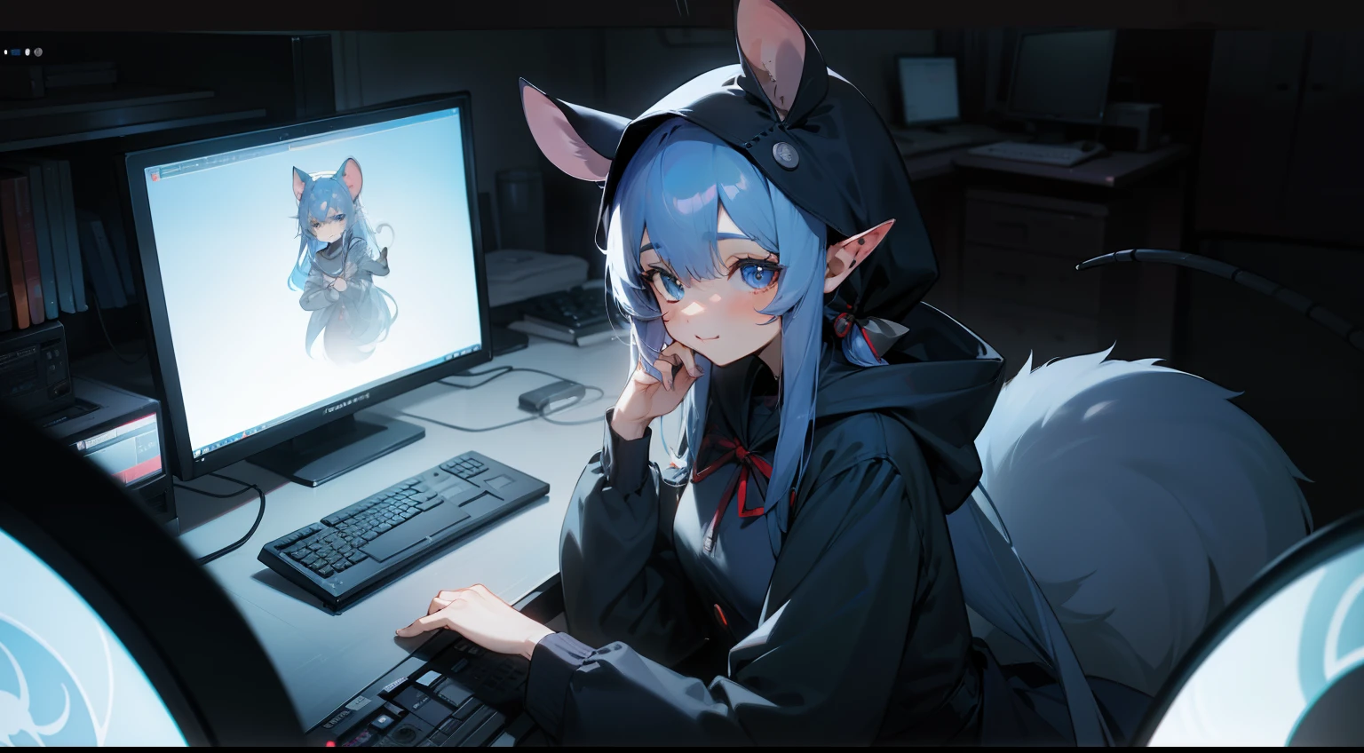 darkened room、Gaming PC,Large area、Anime girls using desktop computers((I use a laptop))、20yr old、Upper body, mid-shot,(front facing)、 femele, Detailed eyes, ((Beautiful woman playing computer games)),Hood Up、Light Grey Hood、((((Round ears of rats))))、Semi-long hair, Blue hair,(poneyTail)、 Bangs,Dark blue uniform、Red ribbons、pleatedskirt、Long sleeves,、frontage、 A slight smil、A smile