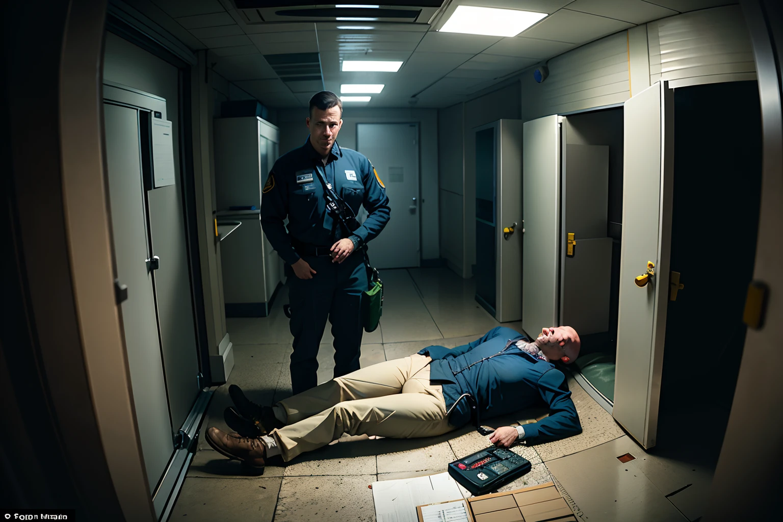 2men, 1man:security guard with flashlight, 2man:corpse lying on the ground lifeless, in a mechanical backroom, creepy atmosphere