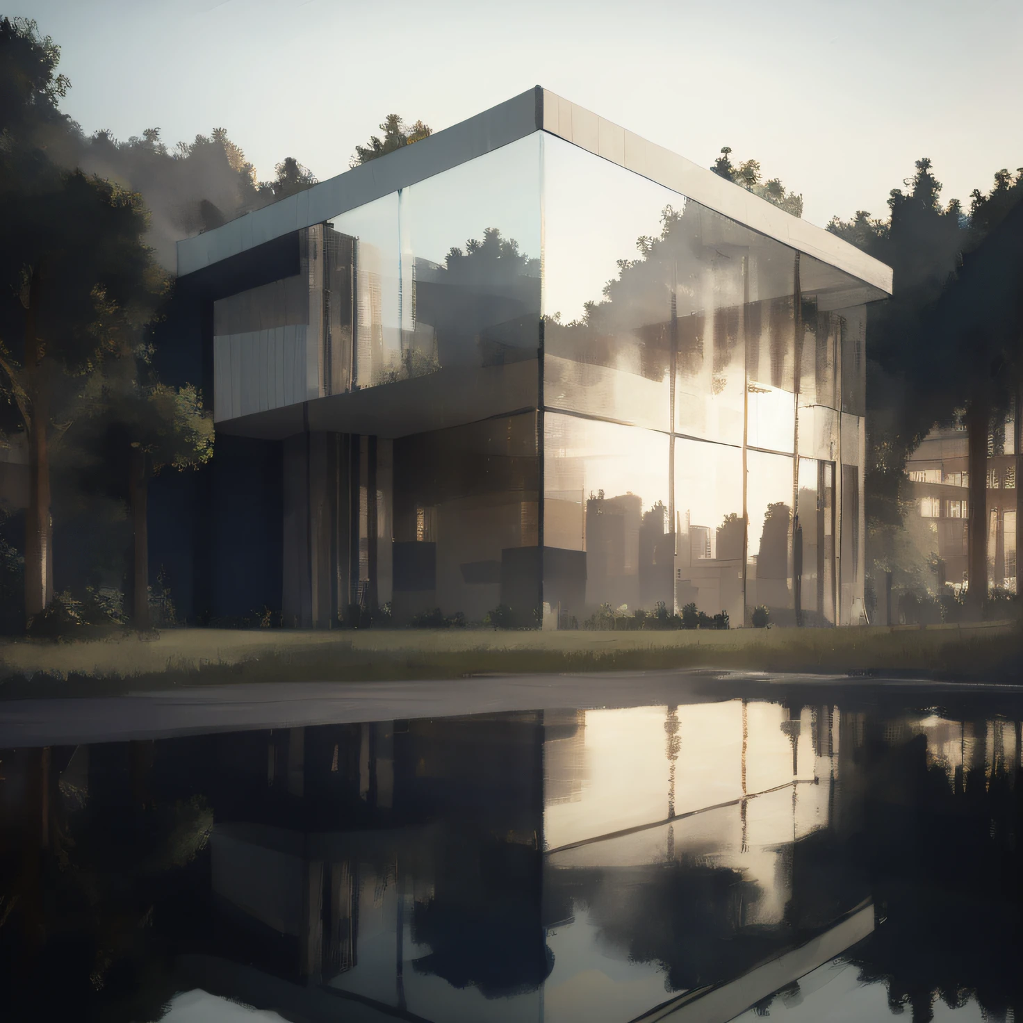 Arafed glass building with a reflection in a water pool, No estilo de arte de Filip Hodas, lindo render 3d, 3 d render hiper realista, stunning render, 3 d render bipe, breathtaking render, v - ray render, V-Ray render, vray render super realista, very realistic 3 d render, Stunning 3D rendering