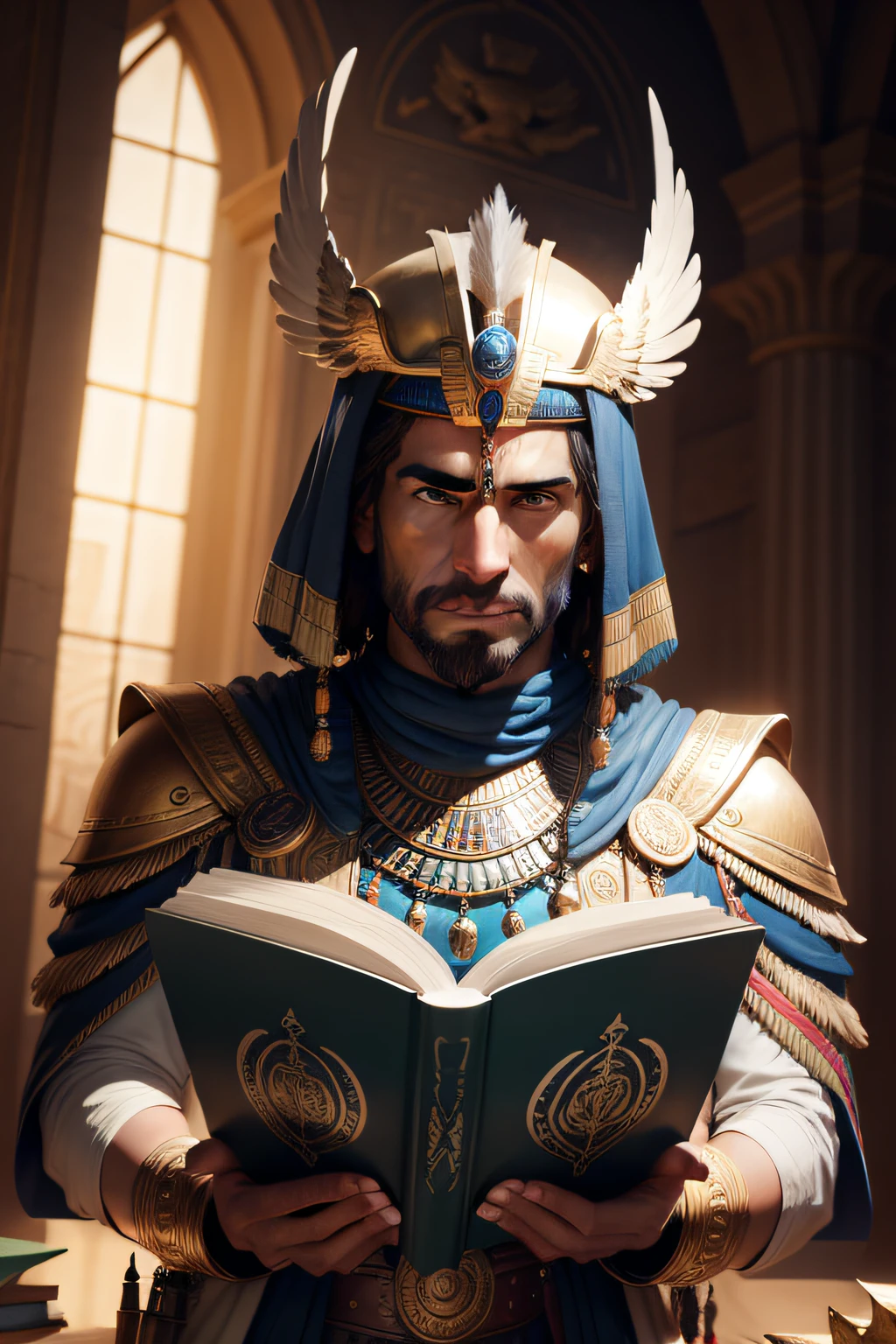 eagle head god of a futuristic egypt holding a magic book, 8k, fantasy, realistic